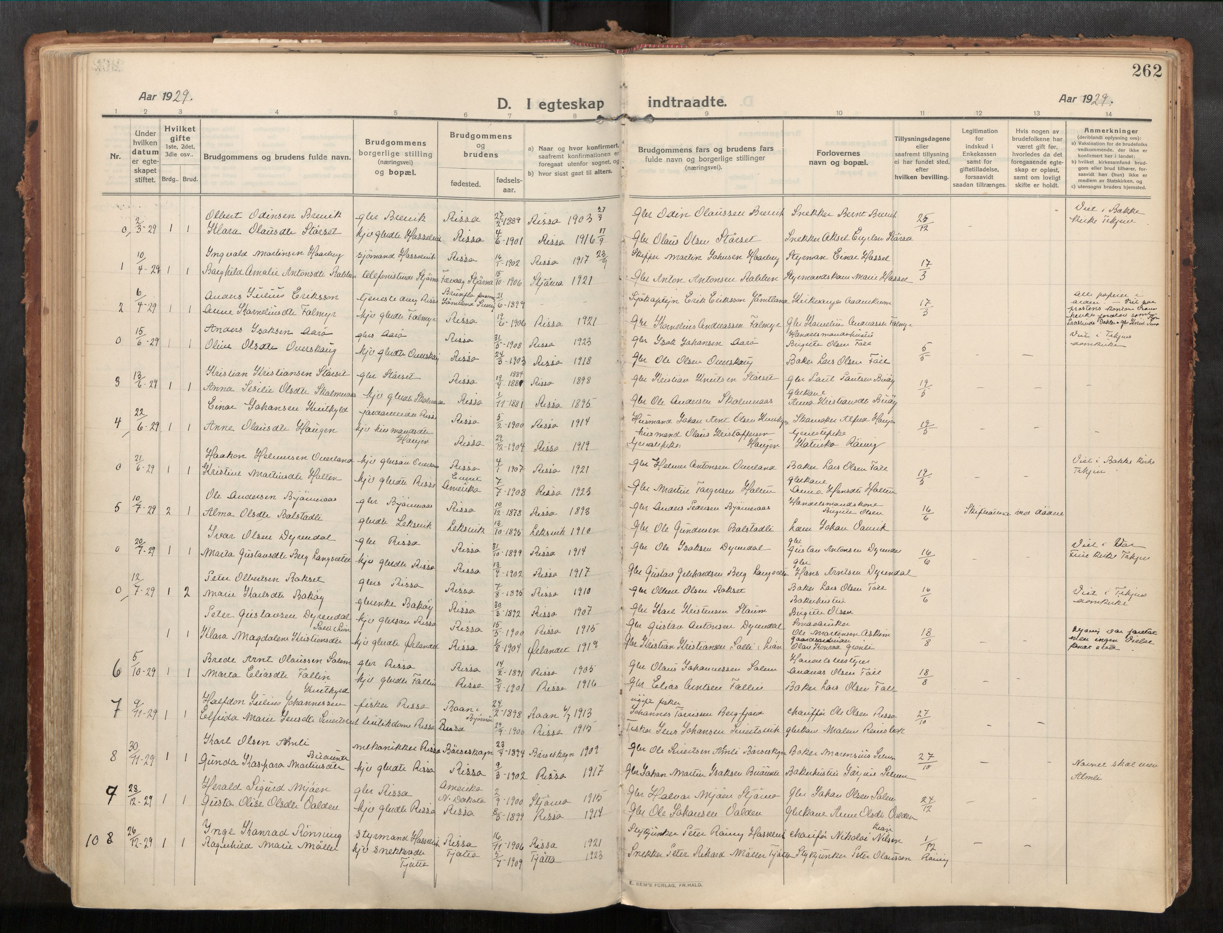 Stadsbygd sokneprestkontor, SAT/A-1117/1/I/I1/I1a/L0001: Parish register (official) no. 1, 1911-1929, p. 262