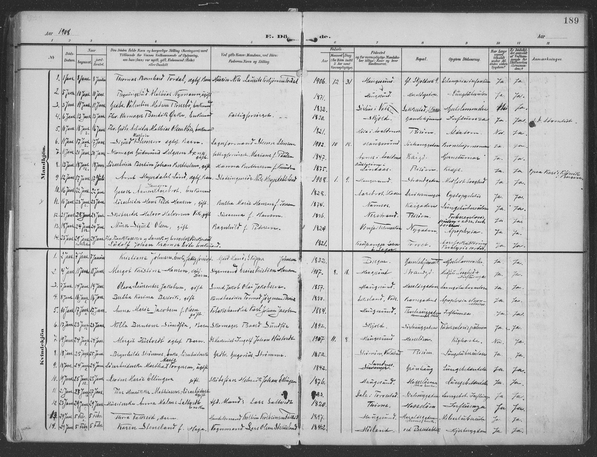 Haugesund sokneprestkontor, SAST/A -101863/H/Ha/Haa/L0007: Parish register (official) no. A 7, 1904-1916, p. 189
