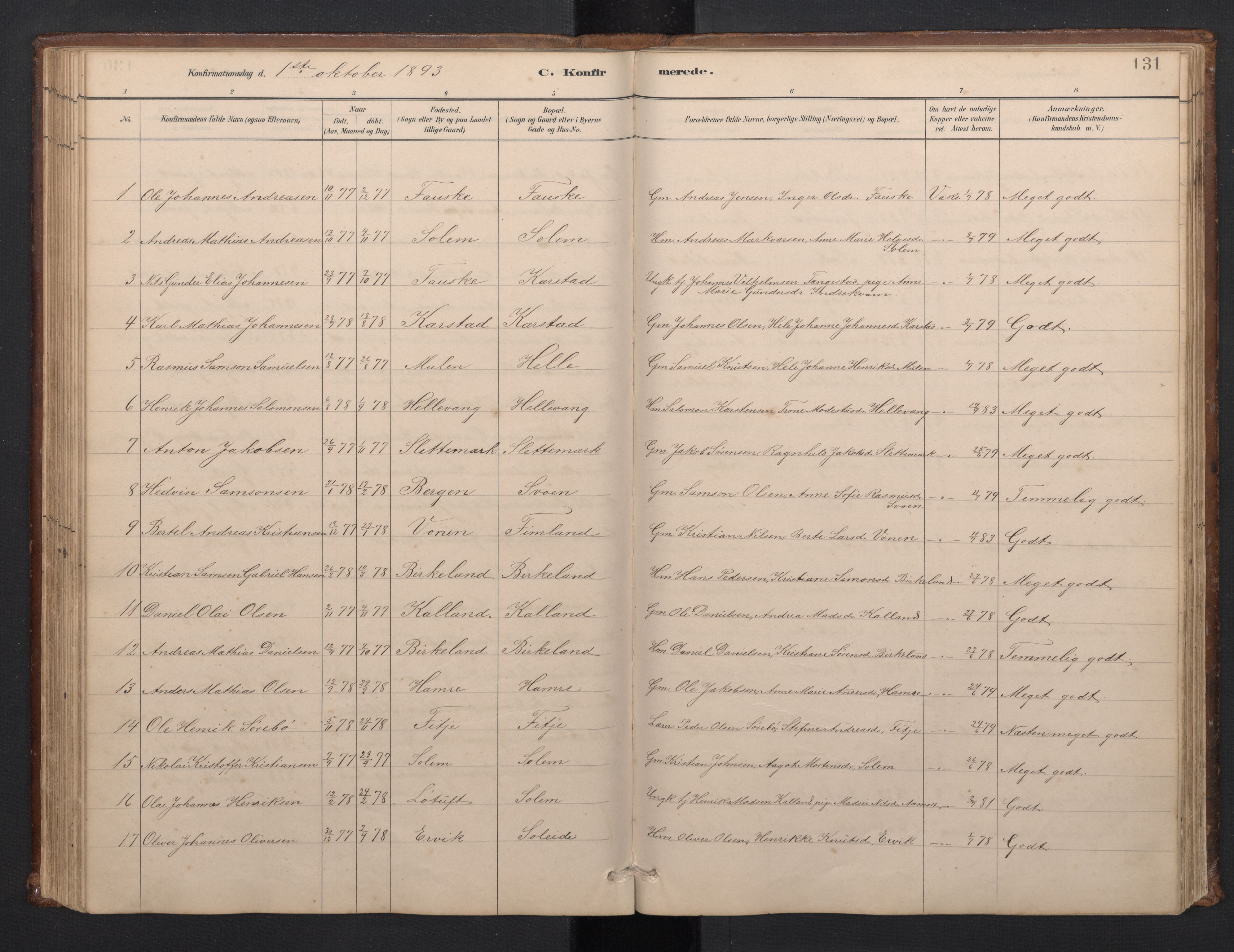 Førde sokneprestembete, SAB/A-79901/H/Hab/Habd/L0003: Parish register (copy) no. D 3, 1881-1897, p. 130b-131a