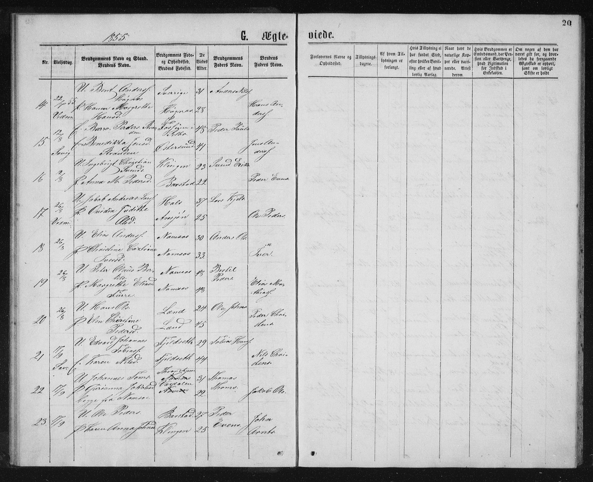 Ministerialprotokoller, klokkerbøker og fødselsregistre - Nord-Trøndelag, SAT/A-1458/768/L0568: Parish register (official) no. 768A03, 1836-1865, p. 20