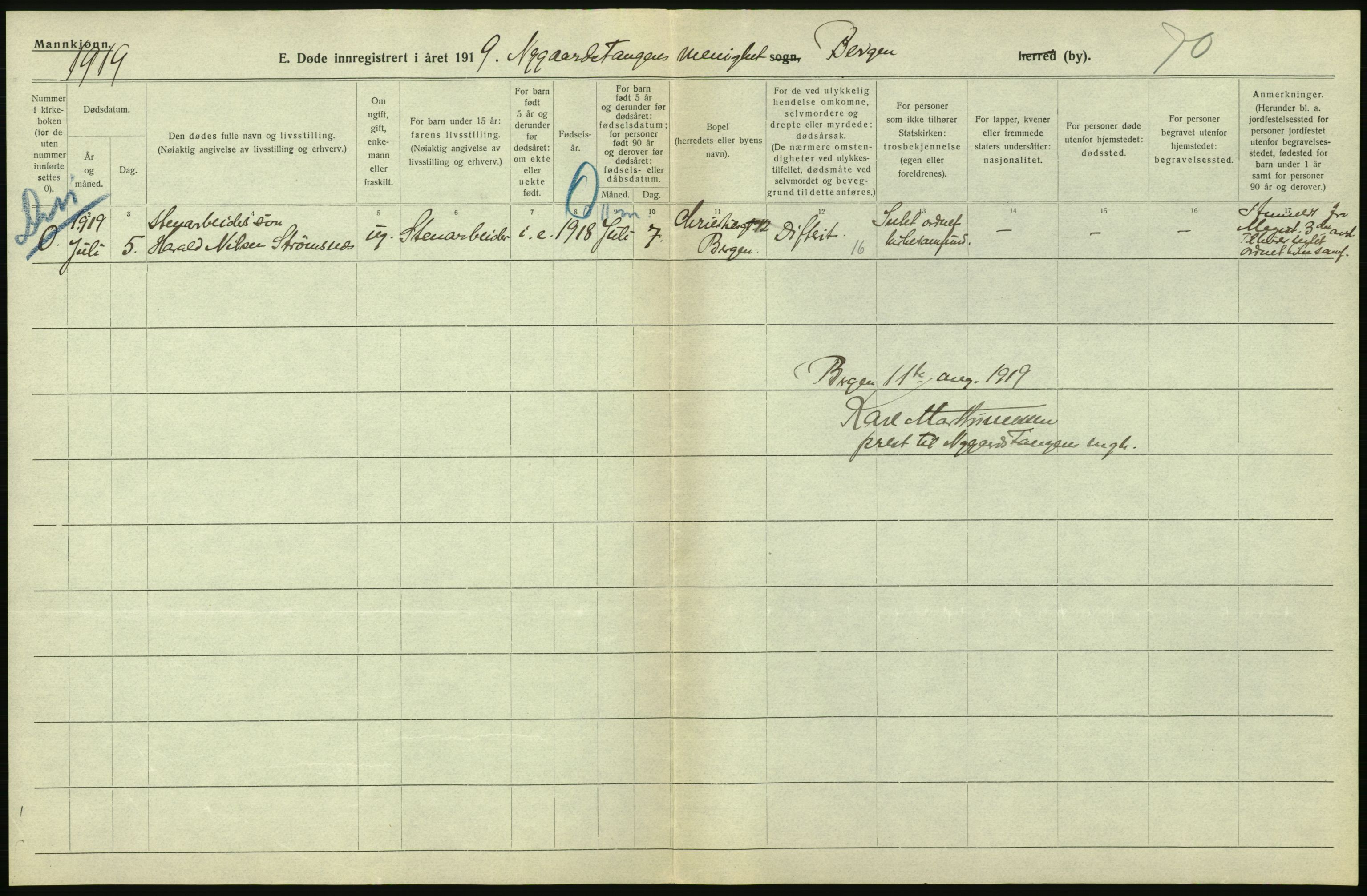 Statistisk sentralbyrå, Sosiodemografiske emner, Befolkning, RA/S-2228/D/Df/Dfb/Dfbi/L0035: Bergen: Gifte, døde, dødfødte., 1919, p. 304