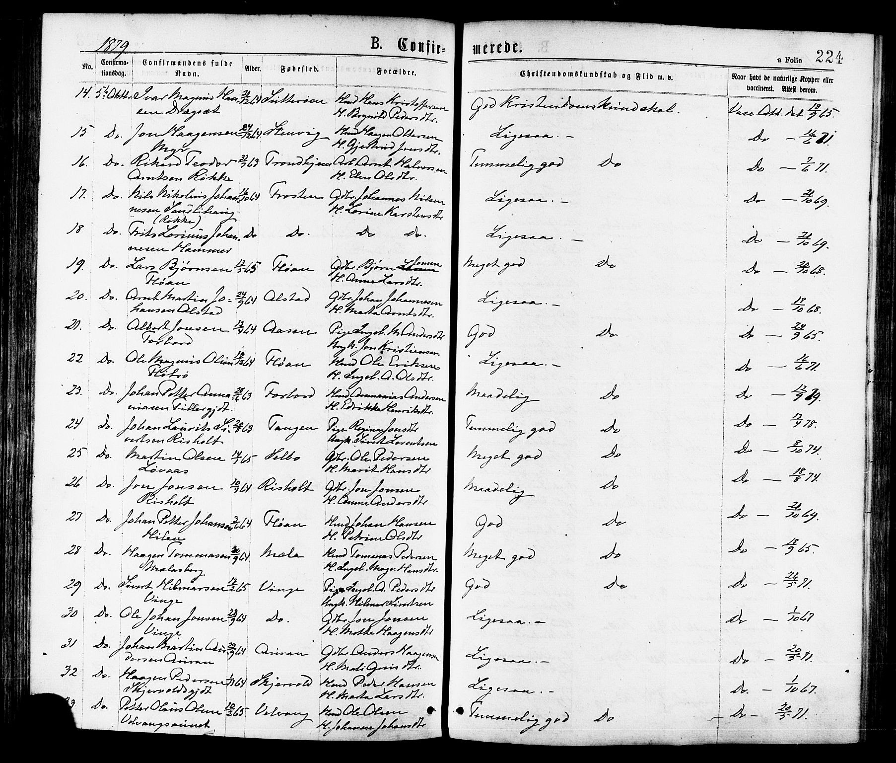 Ministerialprotokoller, klokkerbøker og fødselsregistre - Nord-Trøndelag, AV/SAT-A-1458/709/L0076: Parish register (official) no. 709A16, 1871-1879, p. 224