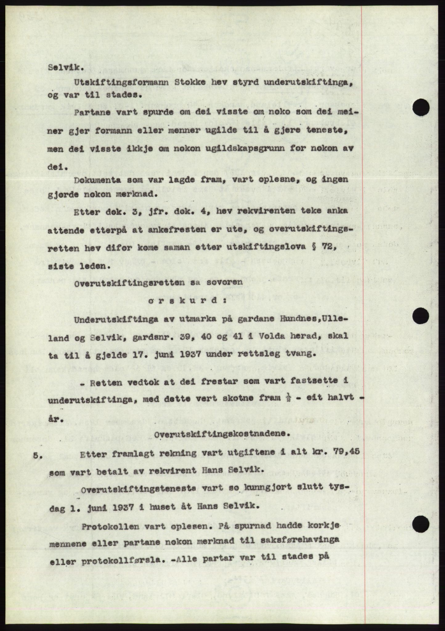 Søre Sunnmøre sorenskriveri, AV/SAT-A-4122/1/2/2C/L0063: Mortgage book no. 57, 1937-1937, Diary no: : 940/1937