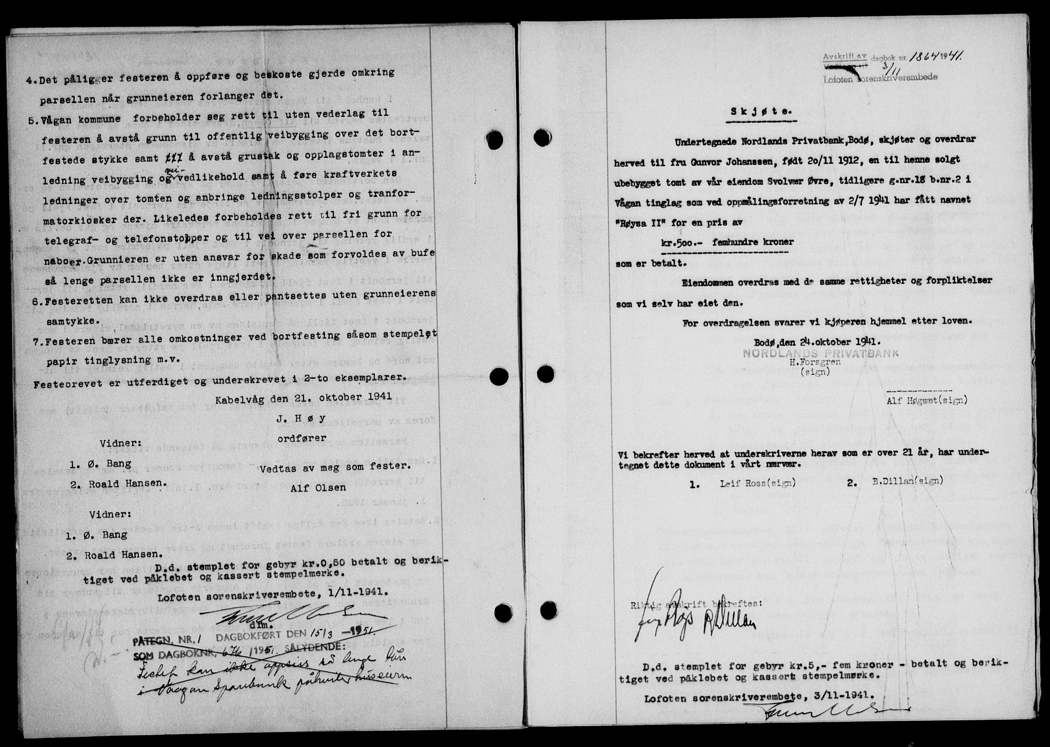 Lofoten sorenskriveri, SAT/A-0017/1/2/2C/L0009a: Mortgage book no. 9a, 1941-1942, Diary no: : 1864/1941