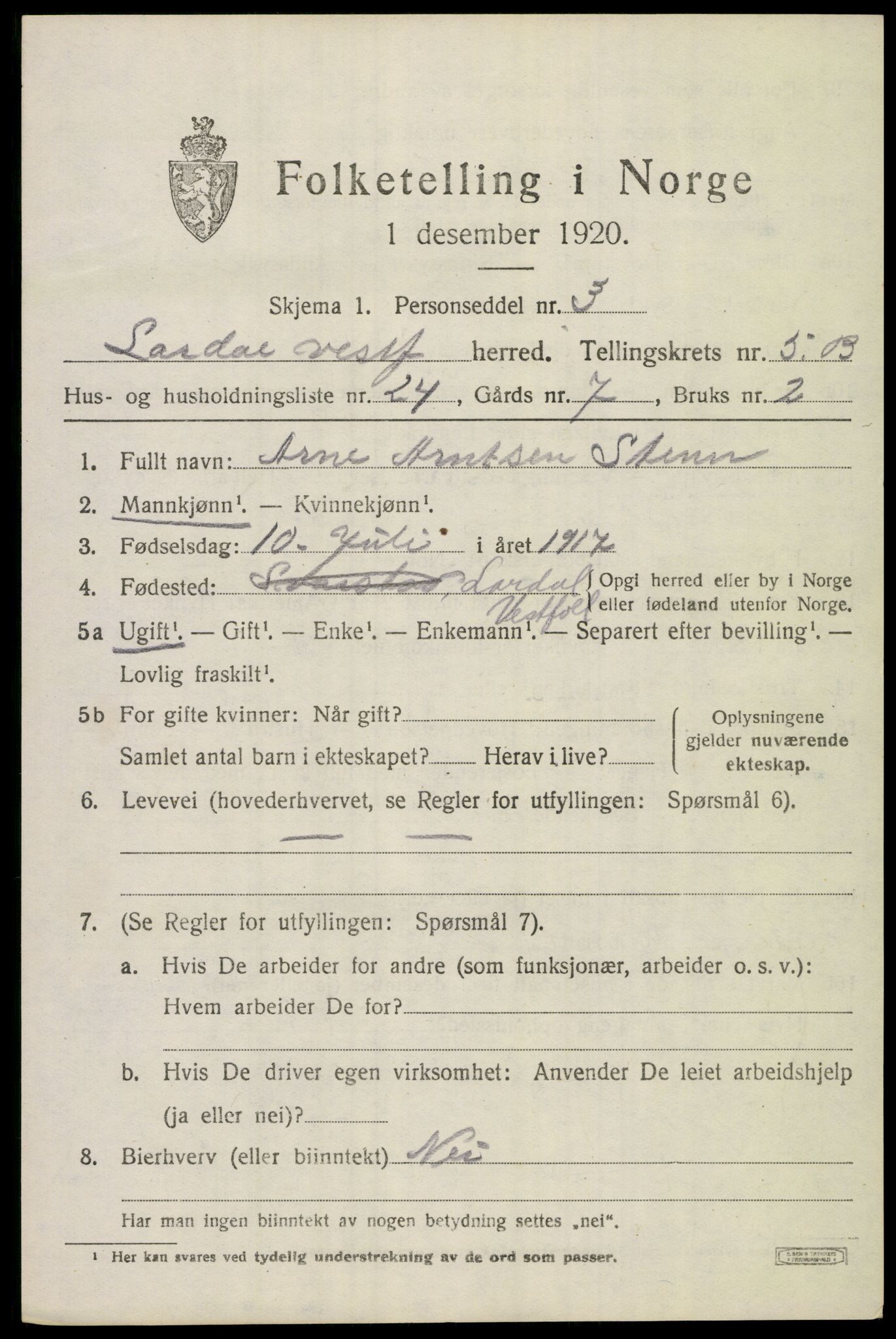 SAKO, 1920 census for Lardal, 1920, p. 5541