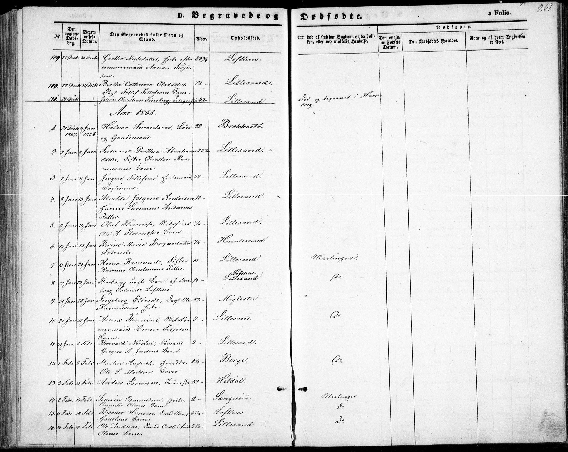 Vestre Moland sokneprestkontor, AV/SAK-1111-0046/F/Fb/Fbb/L0004: Parish register (copy) no. B 4, 1861-1872, p. 251