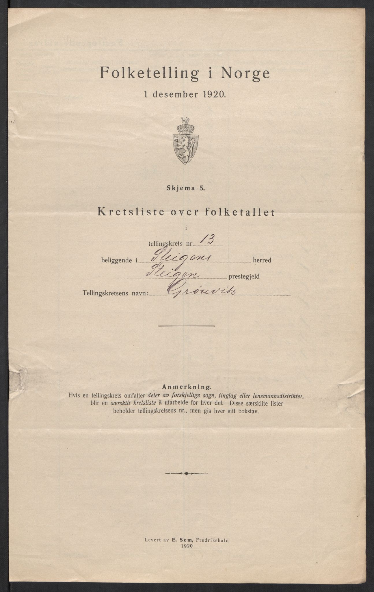 SAT, 1920 census for Steigen, 1920, p. 43