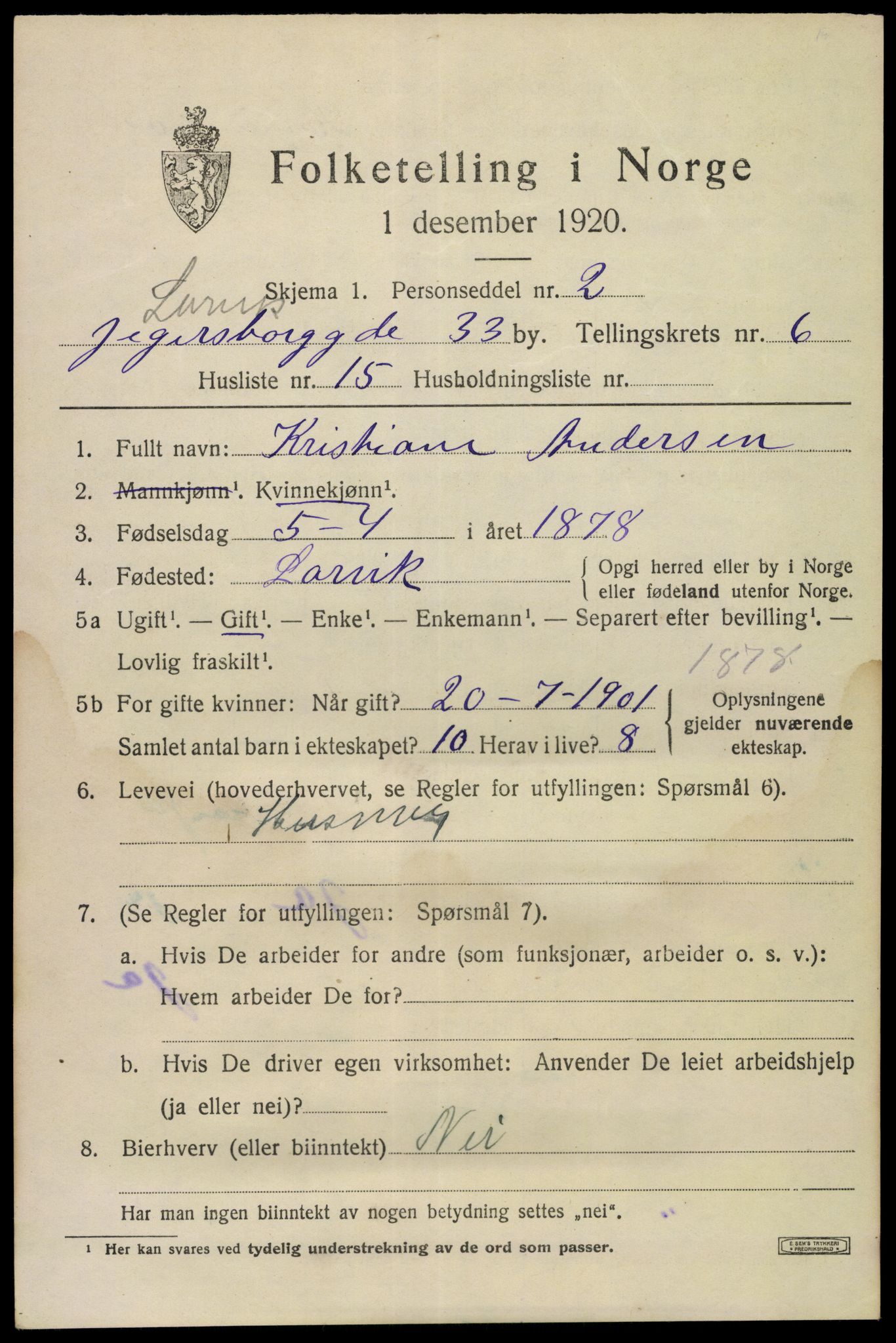 SAKO, 1920 census for Larvik, 1920, p. 18248