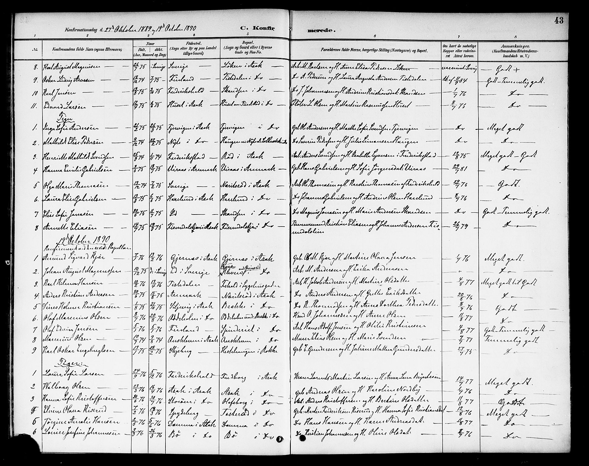 Berg prestekontor Kirkebøker, SAO/A-10902/F/Fb/L0002: Parish register (official) no. II 2, 1888-1902, p. 43
