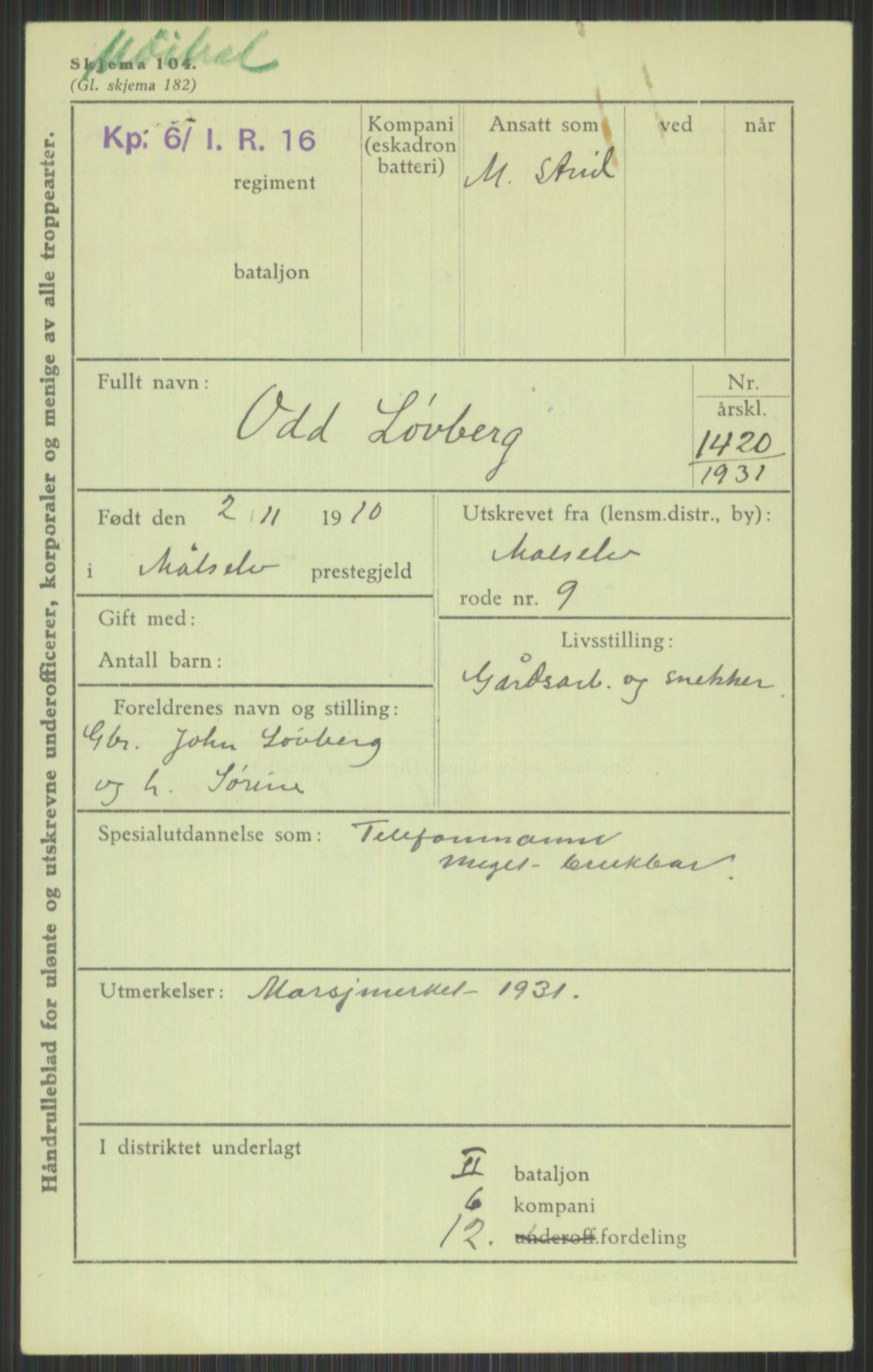 Forsvaret, Troms infanteriregiment nr. 16, AV/RA-RAFA-3146/P/Pa/L0015: Rulleblad for regimentets menige mannskaper, årsklasse 1931, 1931, p. 727