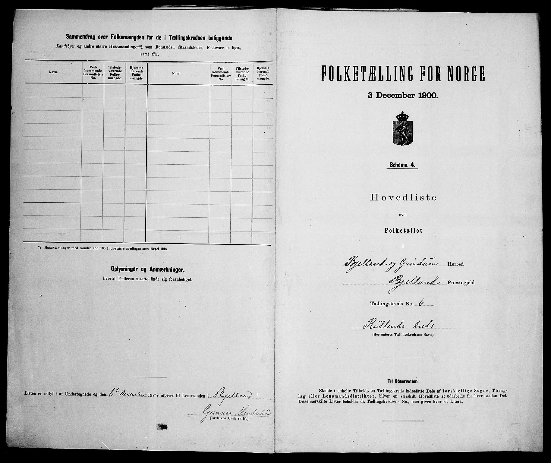 SAK, 1900 census for Bjelland og Grindheim, 1900, p. 15