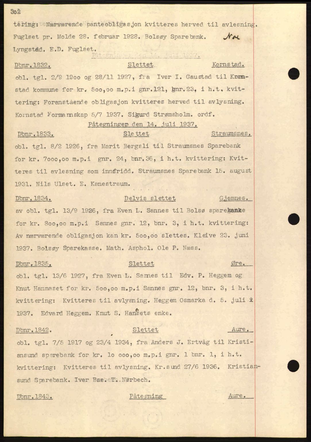 Nordmøre sorenskriveri, AV/SAT-A-4132/1/2/2Ca: Mortgage book no. C80, 1936-1939, Diary no: : 1832/1937