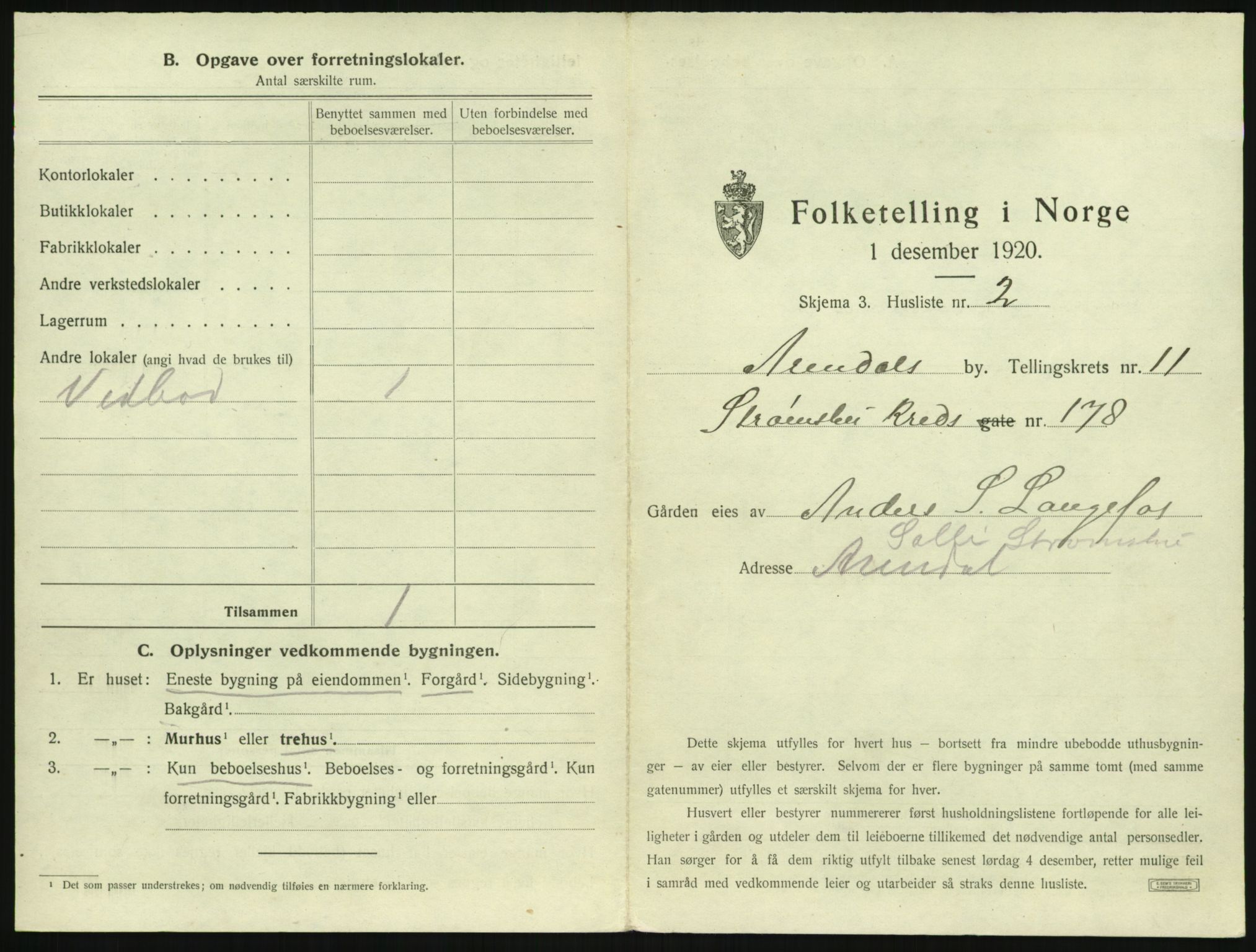 SAK, 1920 census for Arendal, 1920, p. 1476