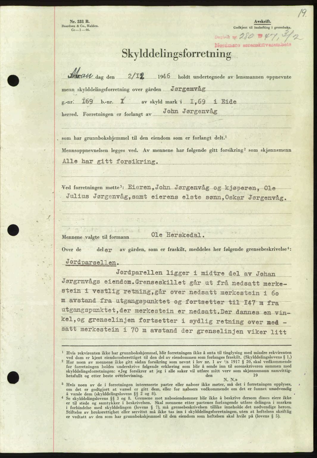 Nordmøre sorenskriveri, AV/SAT-A-4132/1/2/2Ca: Mortgage book no. A104, 1947-1947, Diary no: : 280/1947