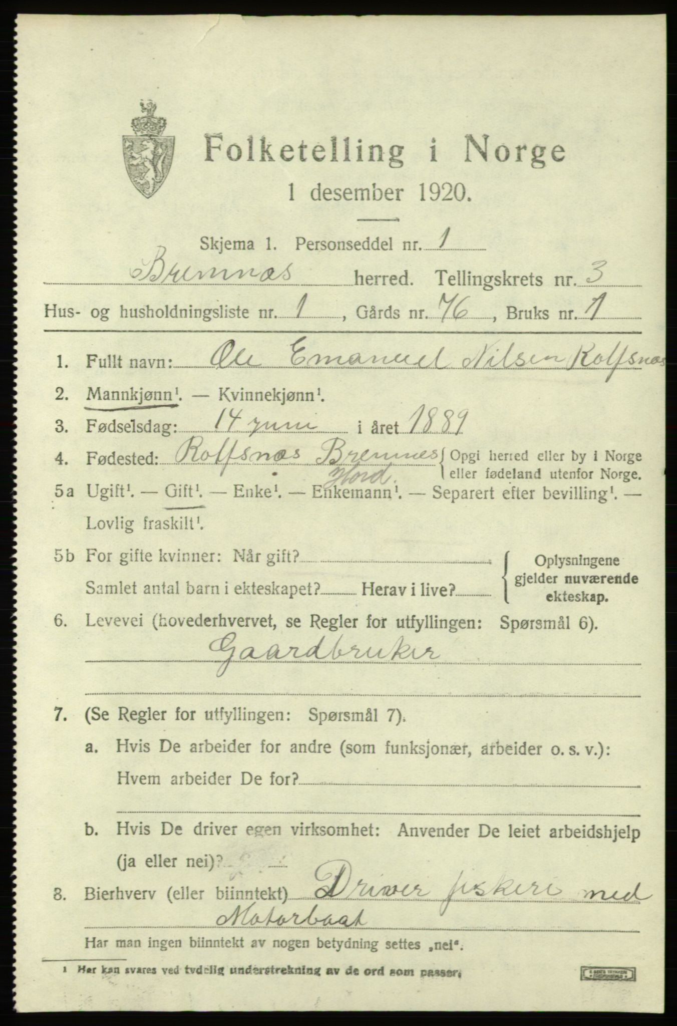SAB, 1920 census for Bremnes, 1920, p. 1554