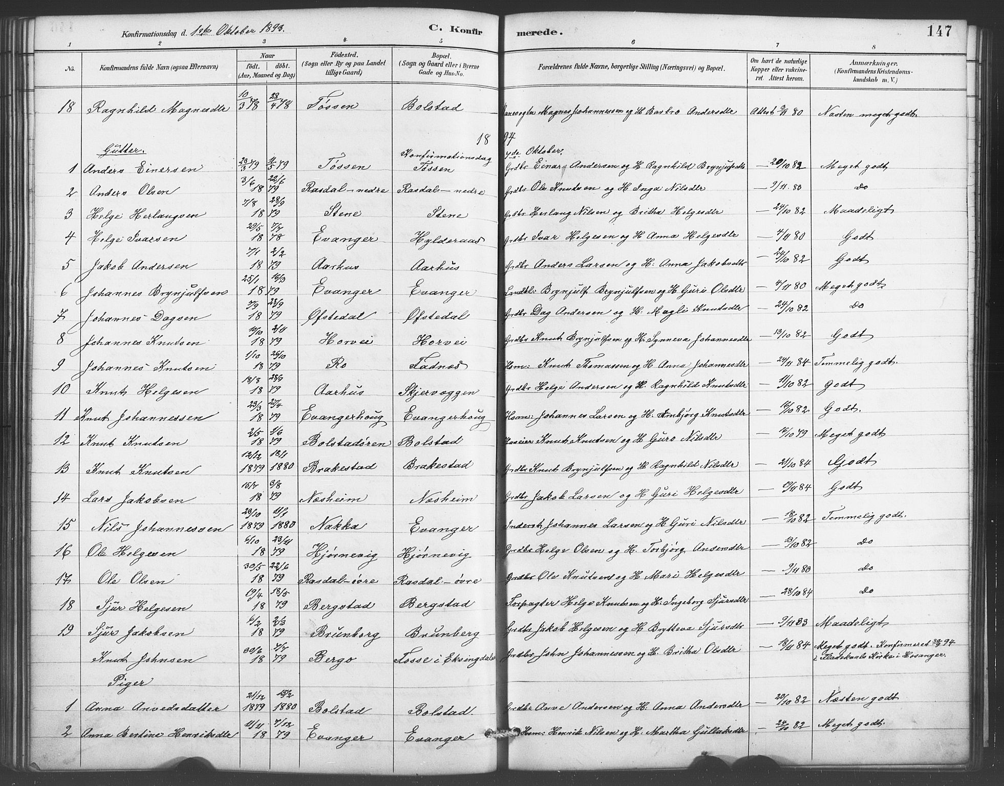 Evanger sokneprestembete, SAB/A-99924: Parish register (copy) no. A 4, 1887-1897, p. 147