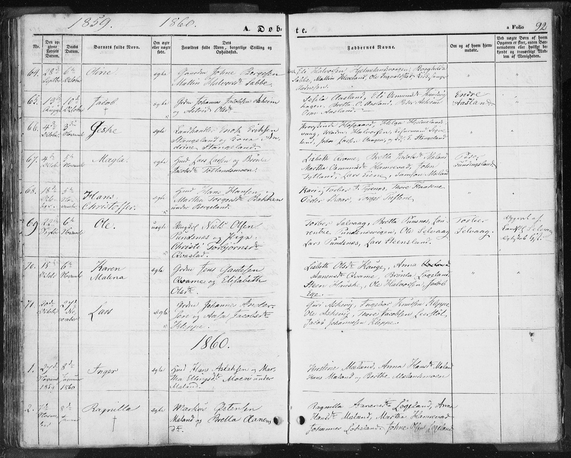 Hjelmeland sokneprestkontor, AV/SAST-A-101843/01/IV/L0009: Parish register (official) no. A 9, 1846-1860, p. 92