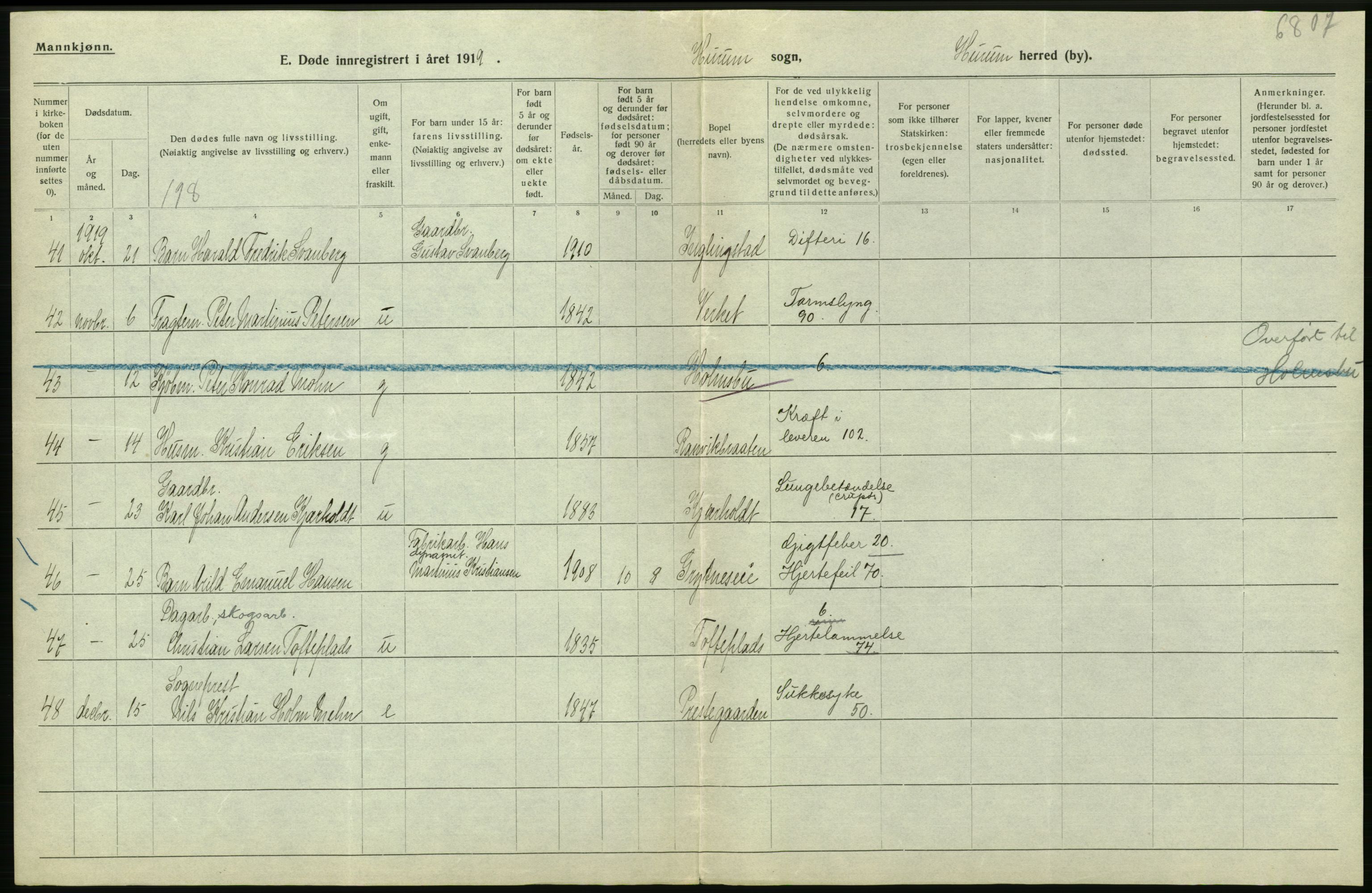 Statistisk sentralbyrå, Sosiodemografiske emner, Befolkning, AV/RA-S-2228/D/Df/Dfb/Dfbi/L0018: Buskerud fylke: Døde. Bygder og byer., 1919, p. 310