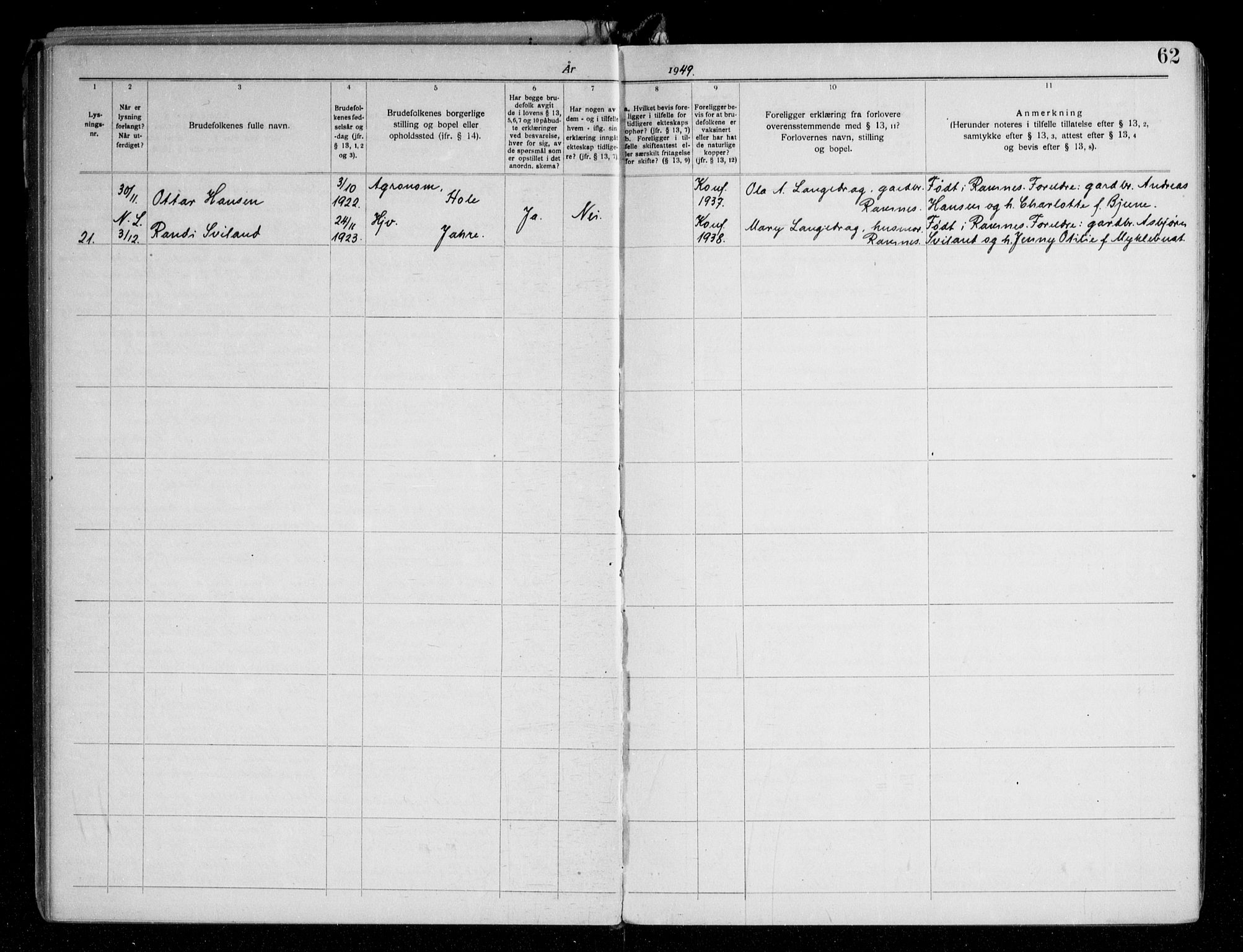 Ramnes kirkebøker, SAKO/A-314/H/Ha/L0001: Banns register no. 1, 1919-1969, p. 62