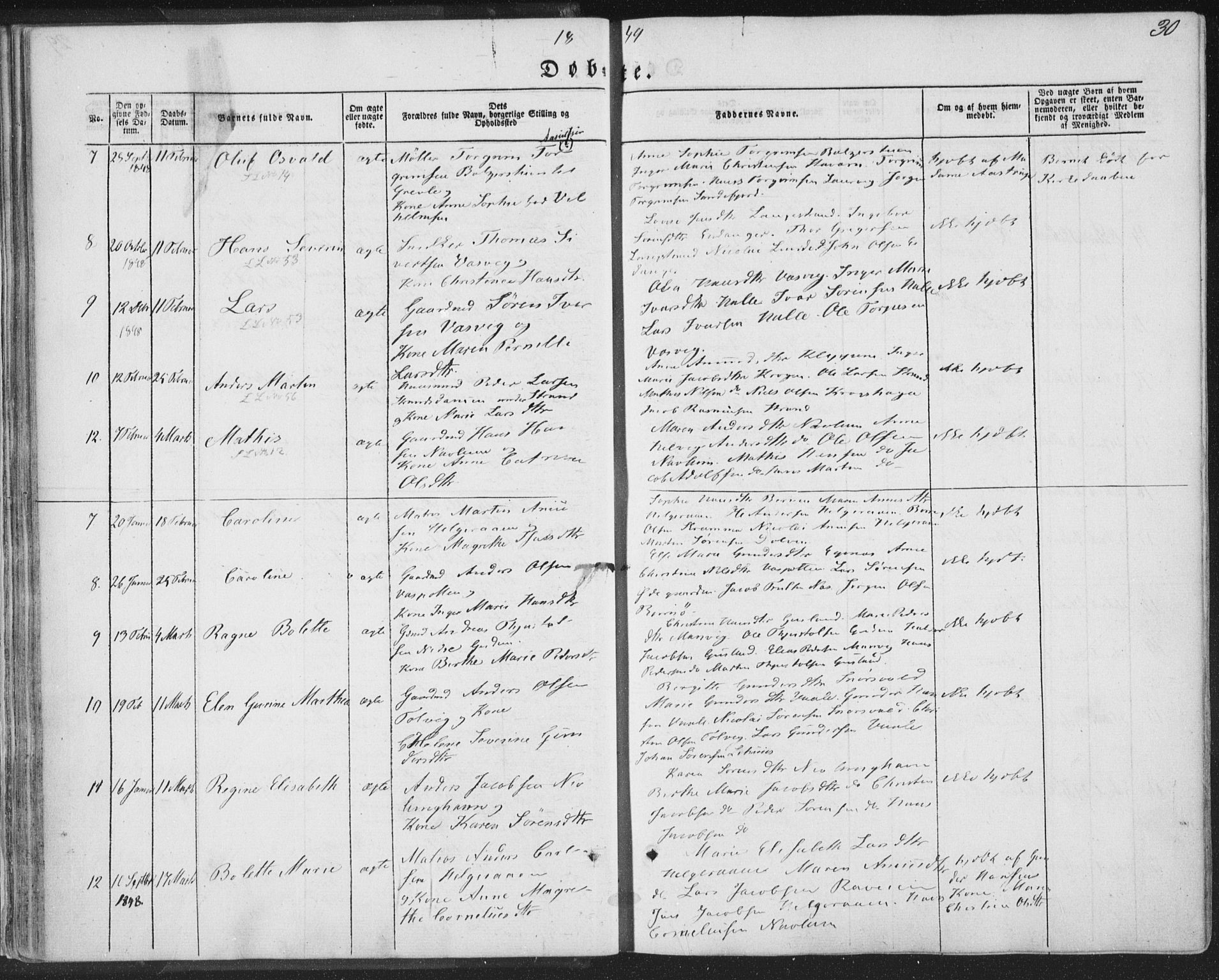 Brunlanes kirkebøker, SAKO/A-342/F/Fa/L0004: Parish register (official) no. I 4, 1846-1862, p. 30