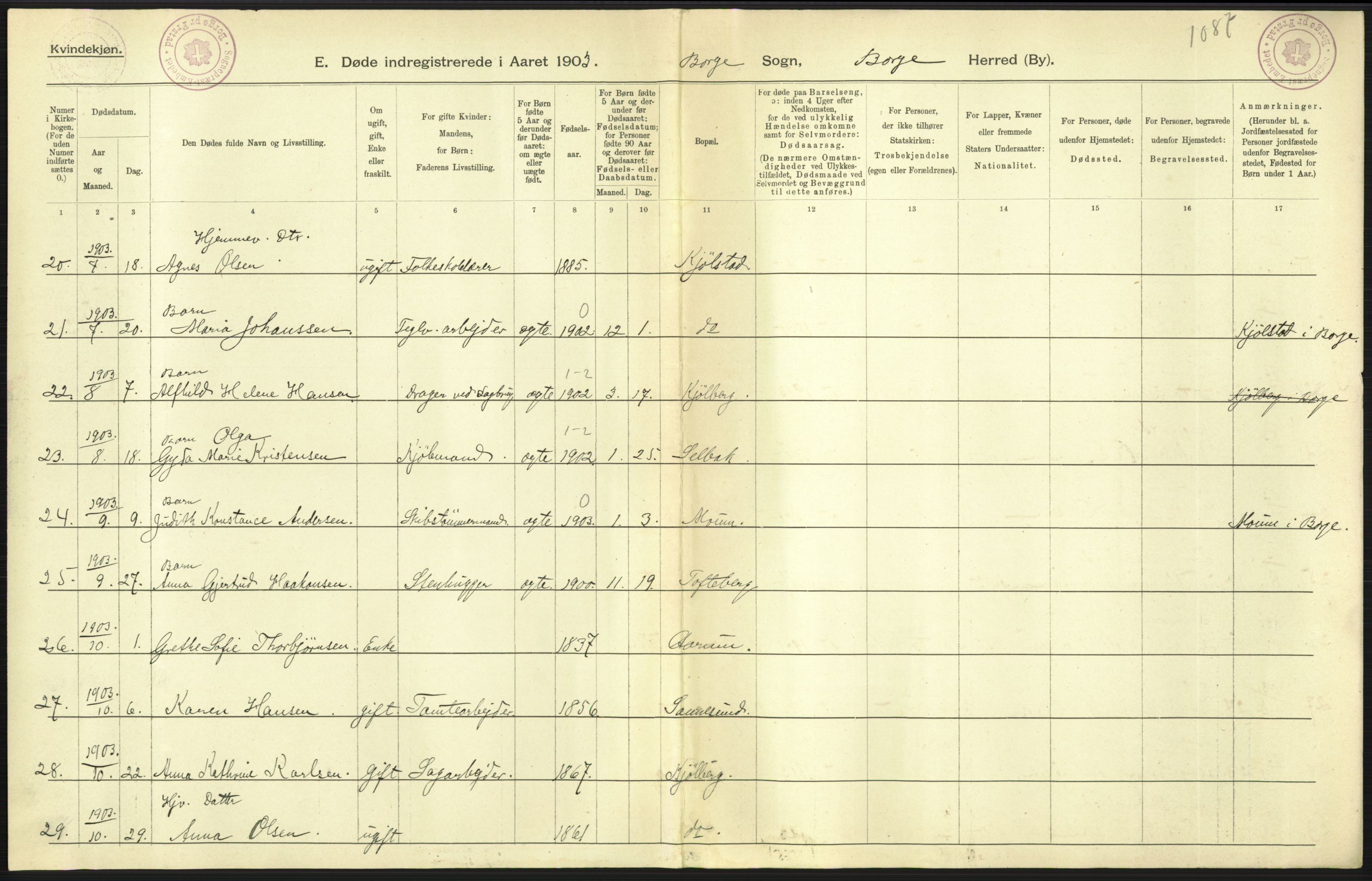 Statistisk sentralbyrå, Sosiodemografiske emner, Befolkning, AV/RA-S-2228/D/Df/Dfa/Dfaa/L0001: Smålenenes amt: Fødte, gifte, døde, 1903, p. 645