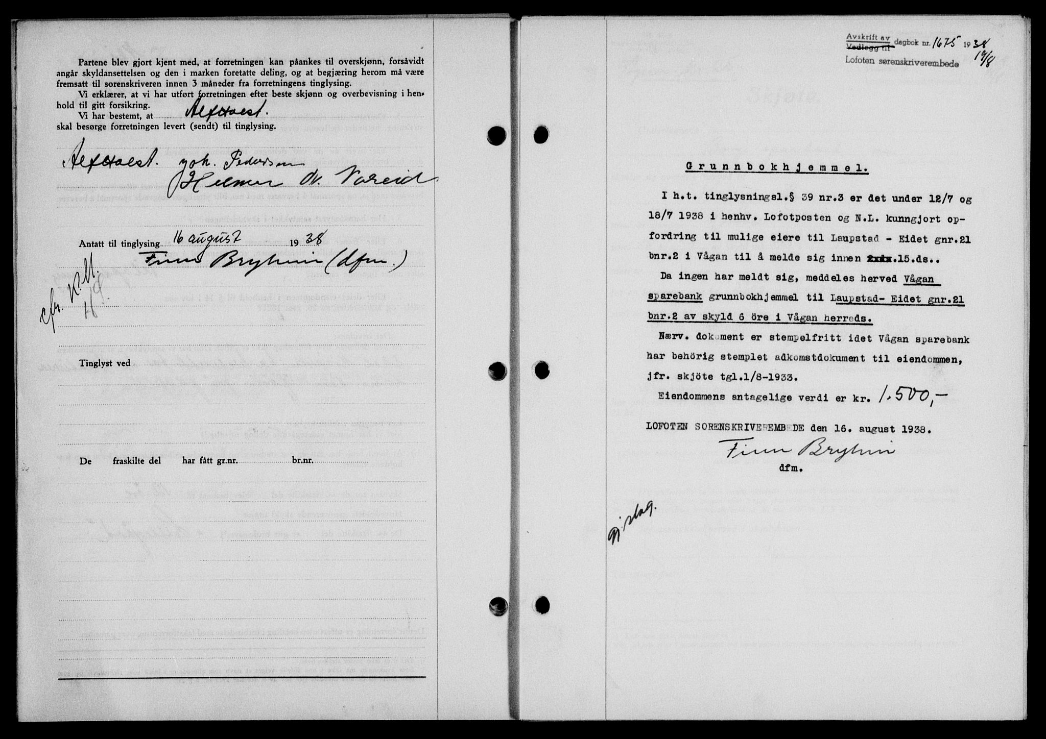 Lofoten sorenskriveri, SAT/A-0017/1/2/2C/L0004a: Mortgage book no. 4a, 1938-1938, Diary no: : 1675/1938