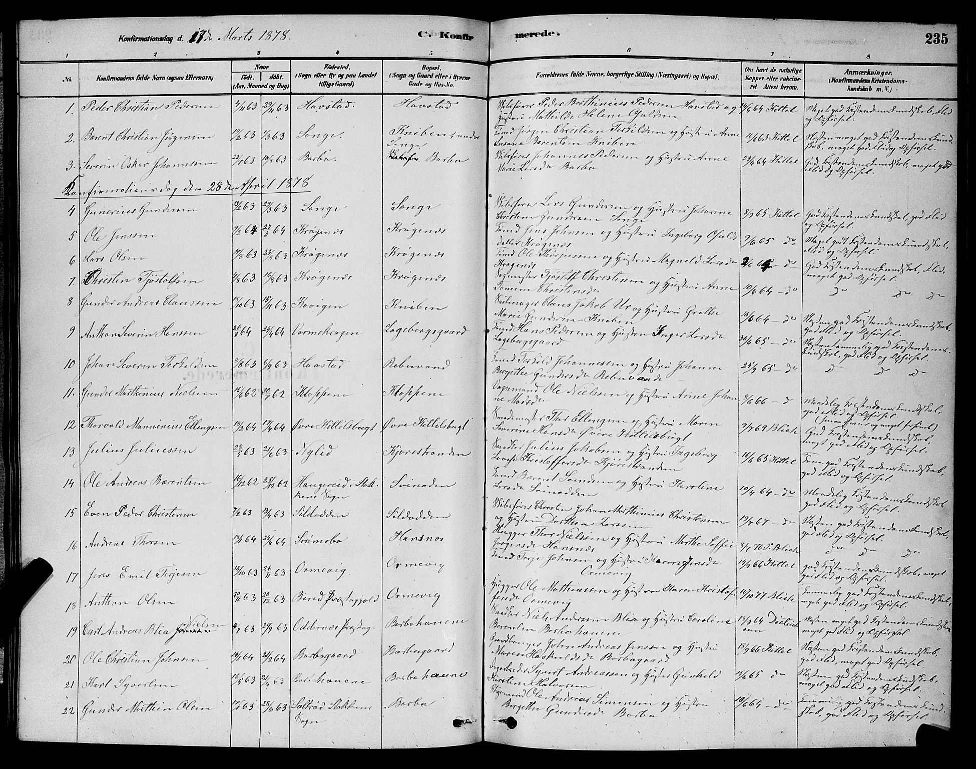 Barbu sokneprestkontor, AV/SAK-1111-0003/F/Fb/L0001: Parish register (copy) no. B 1, 1878-1890, p. 235