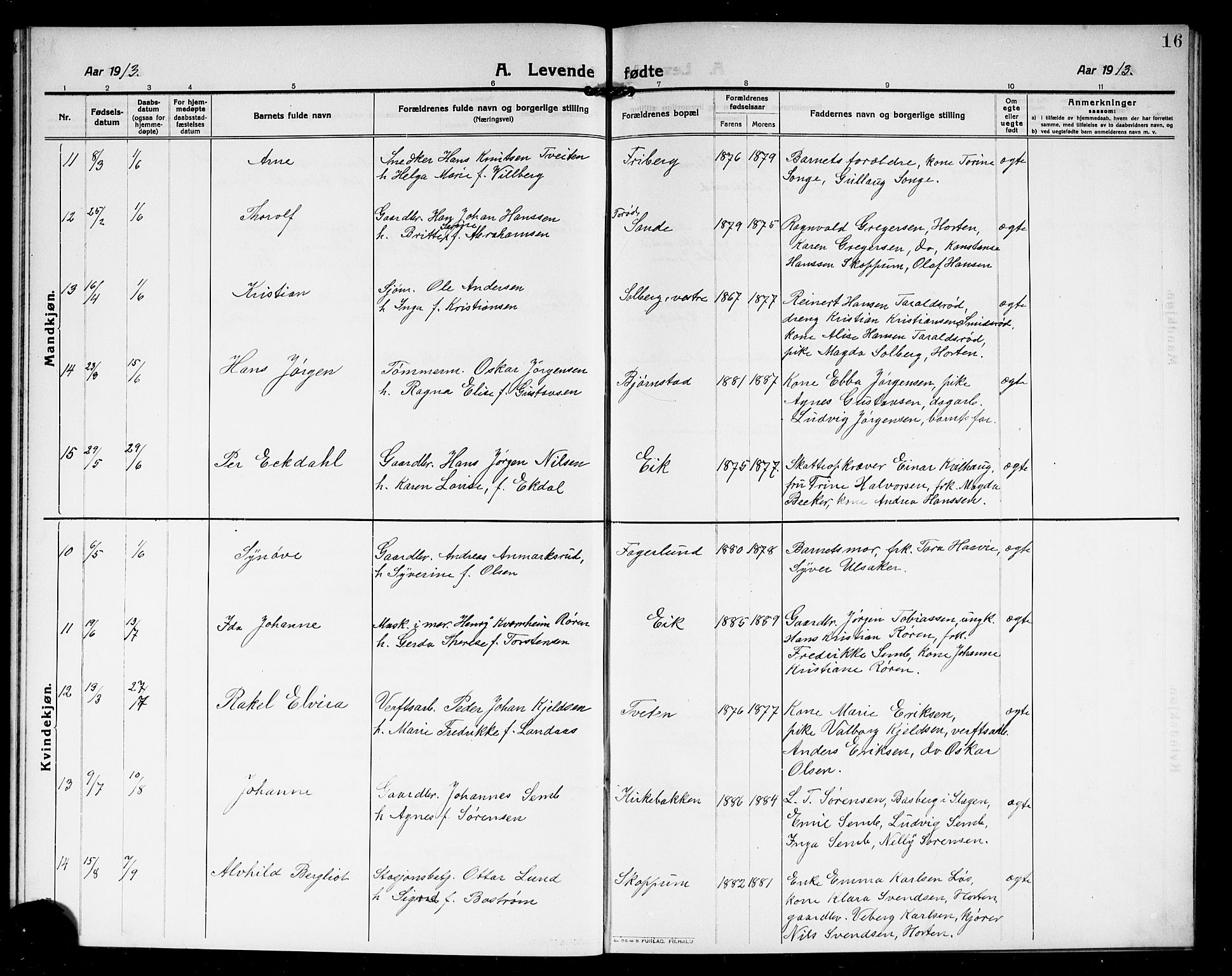 Borre kirkebøker, AV/SAKO-A-338/G/Ga/L0006: Parish register (copy) no. I 6, 1911-1919, p. 16