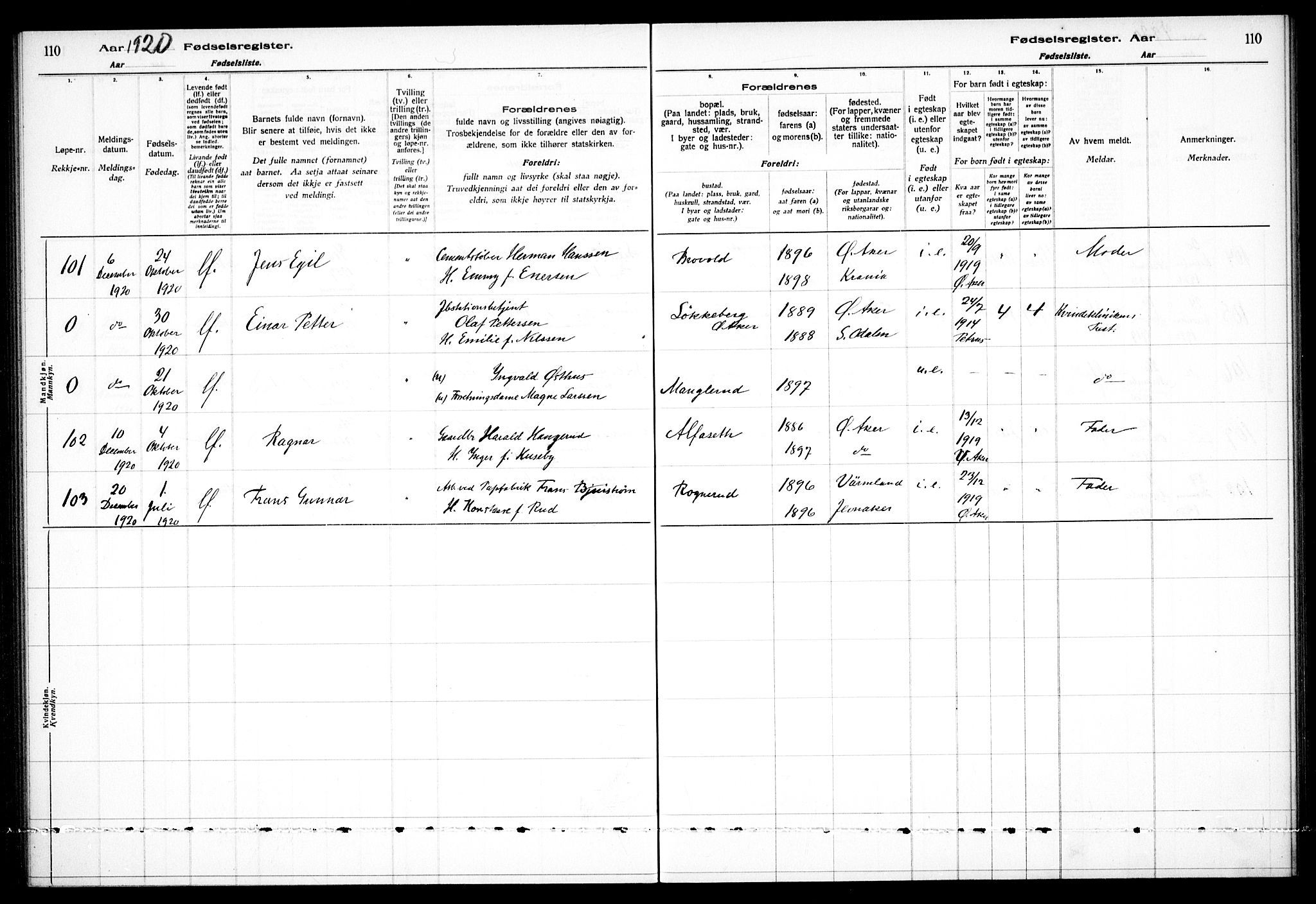 Østre Aker prestekontor Kirkebøker, AV/SAO-A-10840/J/Ja/L0001: Birth register no. I 1, 1916-1923, p. 110