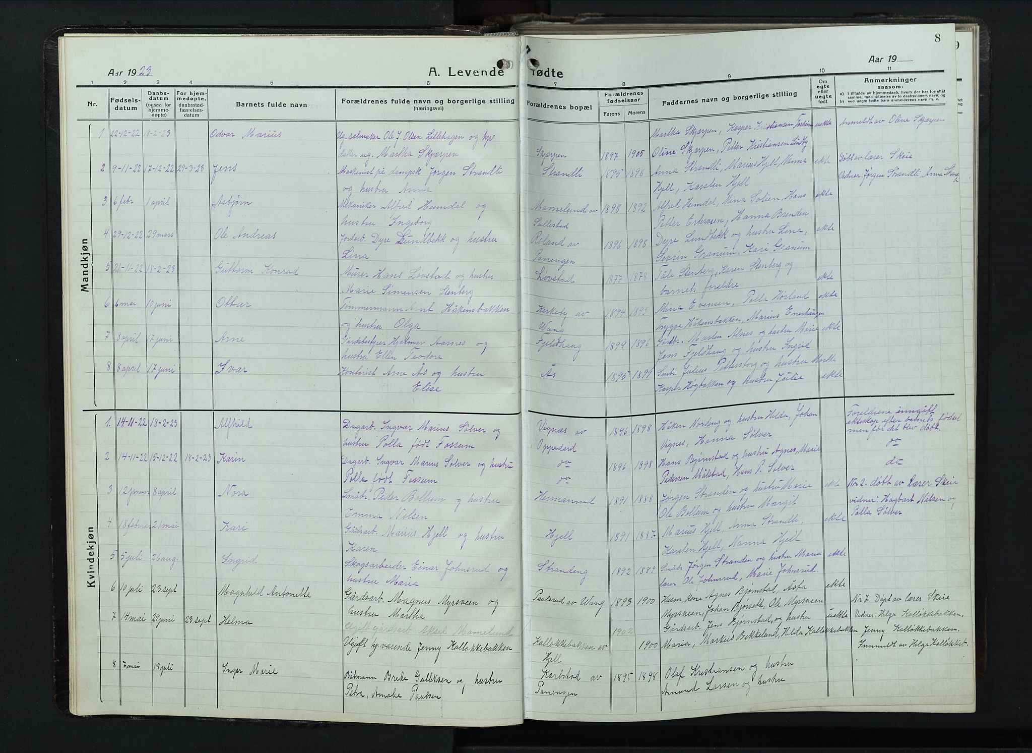 Balke prestekontor, SAH/PREST-106/H/Ha/Hab/L0001: Parish register (copy) no. 1, 1920-1955, p. 8