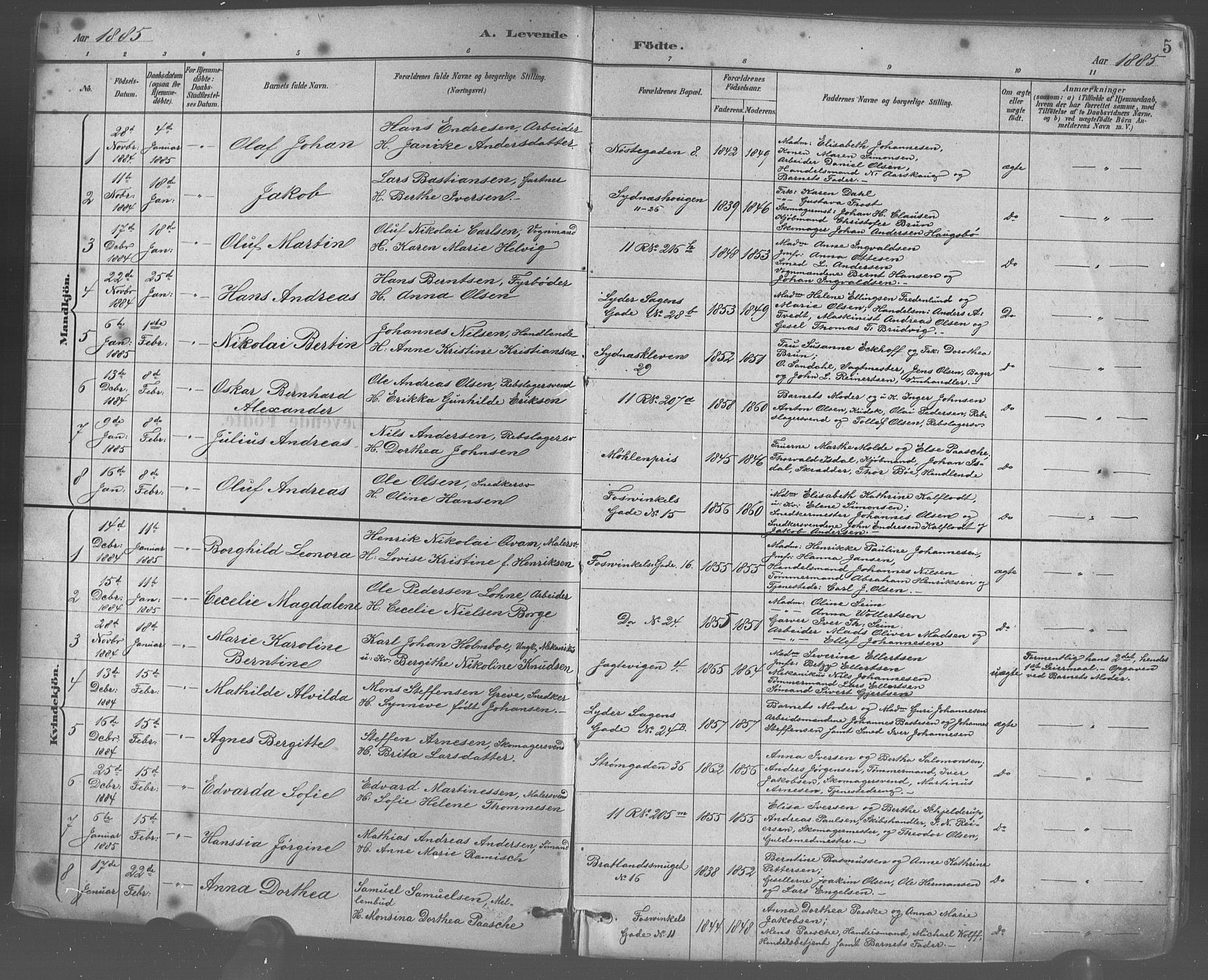 Johanneskirken sokneprestembete, SAB/A-76001/H/Hab: Parish register (copy) no. A 1, 1885-1900, p. 5