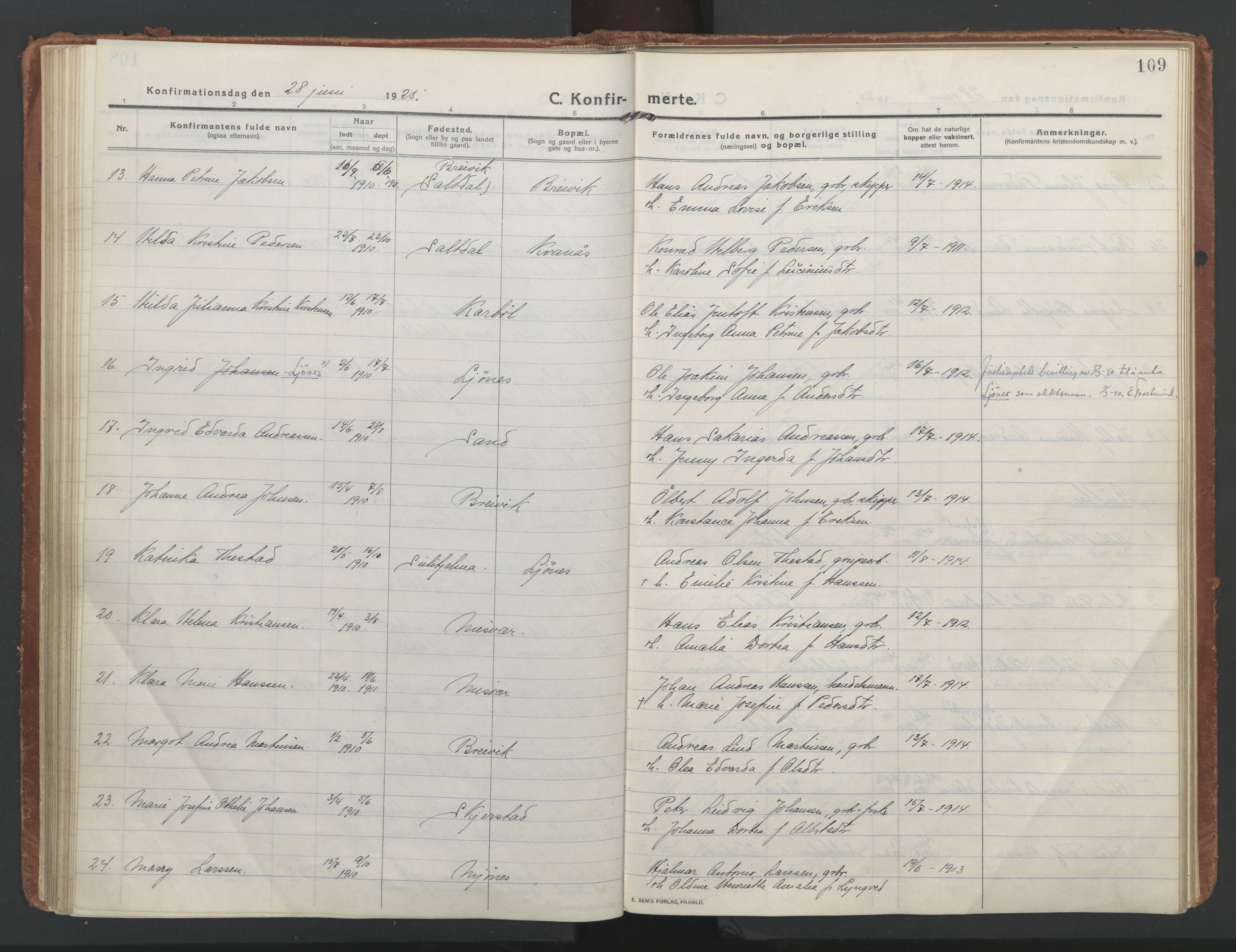 Ministerialprotokoller, klokkerbøker og fødselsregistre - Nordland, AV/SAT-A-1459/852/L0748: Parish register (official) no. 852A18, 1913-1932, p. 109