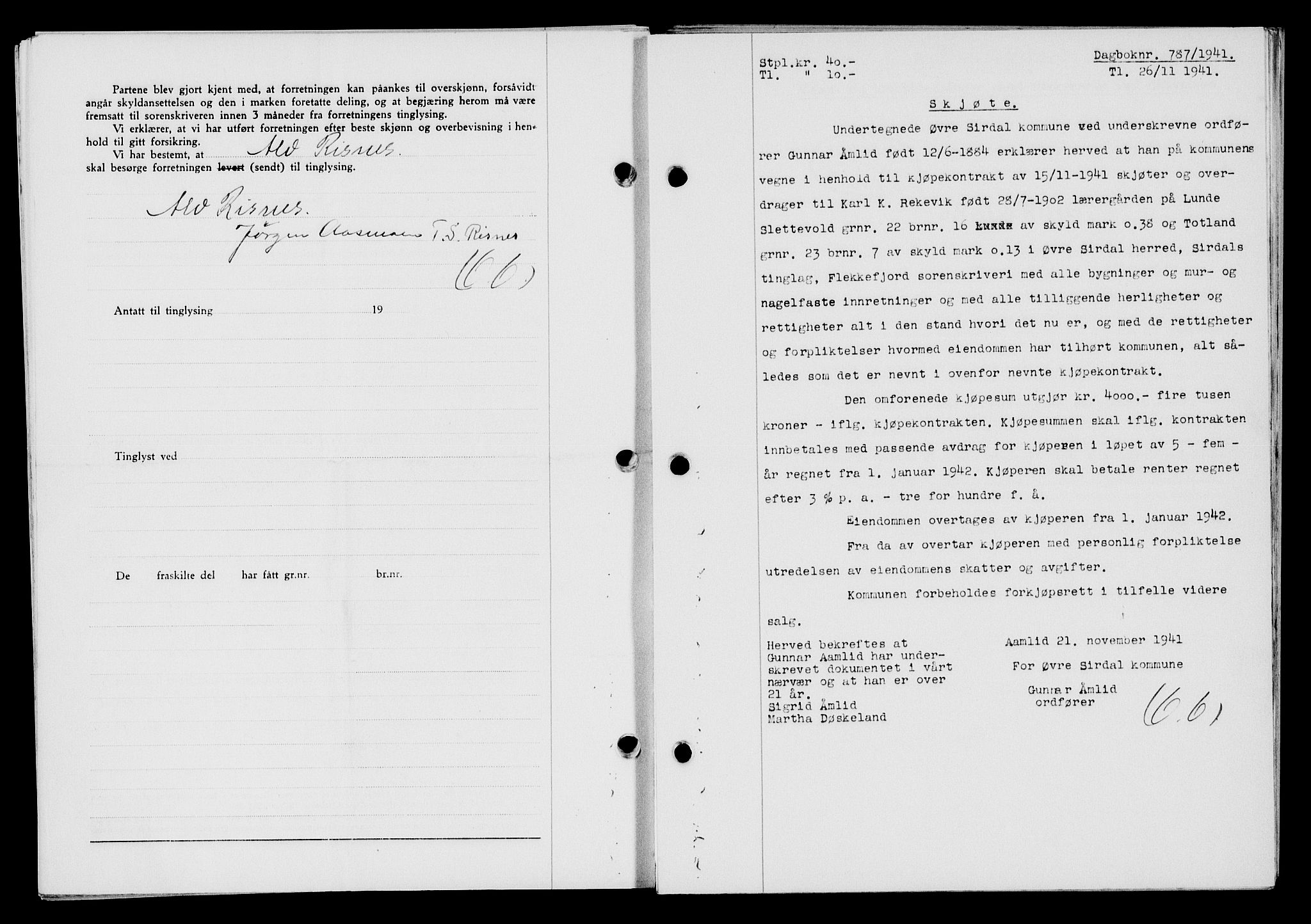Flekkefjord sorenskriveri, SAK/1221-0001/G/Gb/Gba/L0057: Mortgage book no. A-5, 1941-1942, Diary no: : 787/1941