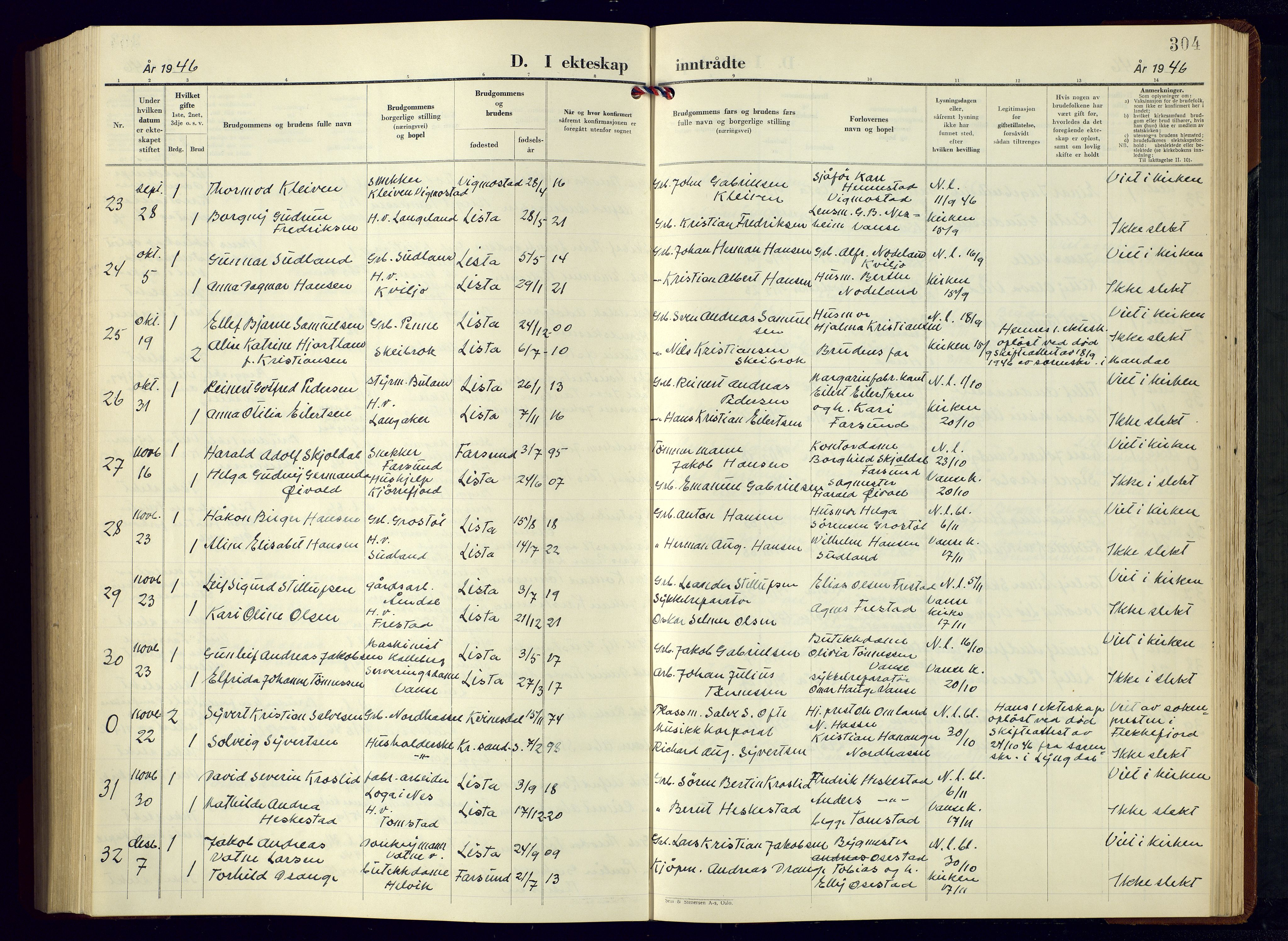 Lista sokneprestkontor, SAK/1111-0027/F/Fb/L0007: Parish register (copy) no. B 7, 1943-1970, p. 304