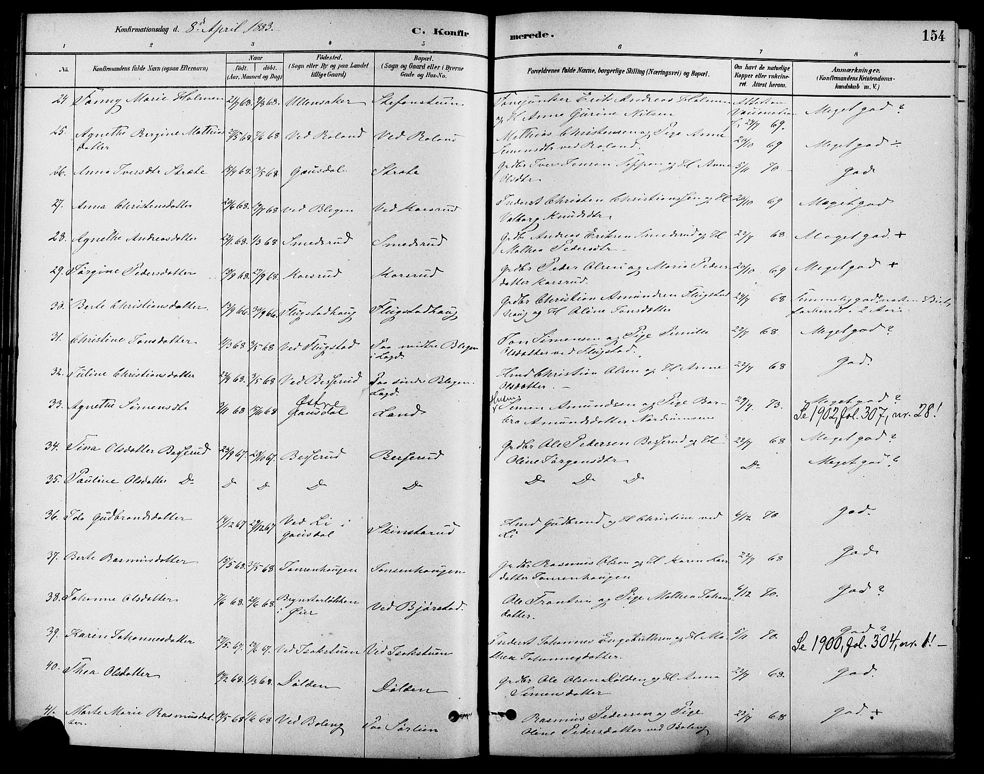 Fåberg prestekontor, SAH/PREST-086/H/Ha/Haa/L0008: Parish register (official) no. 8, 1879-1898, p. 154