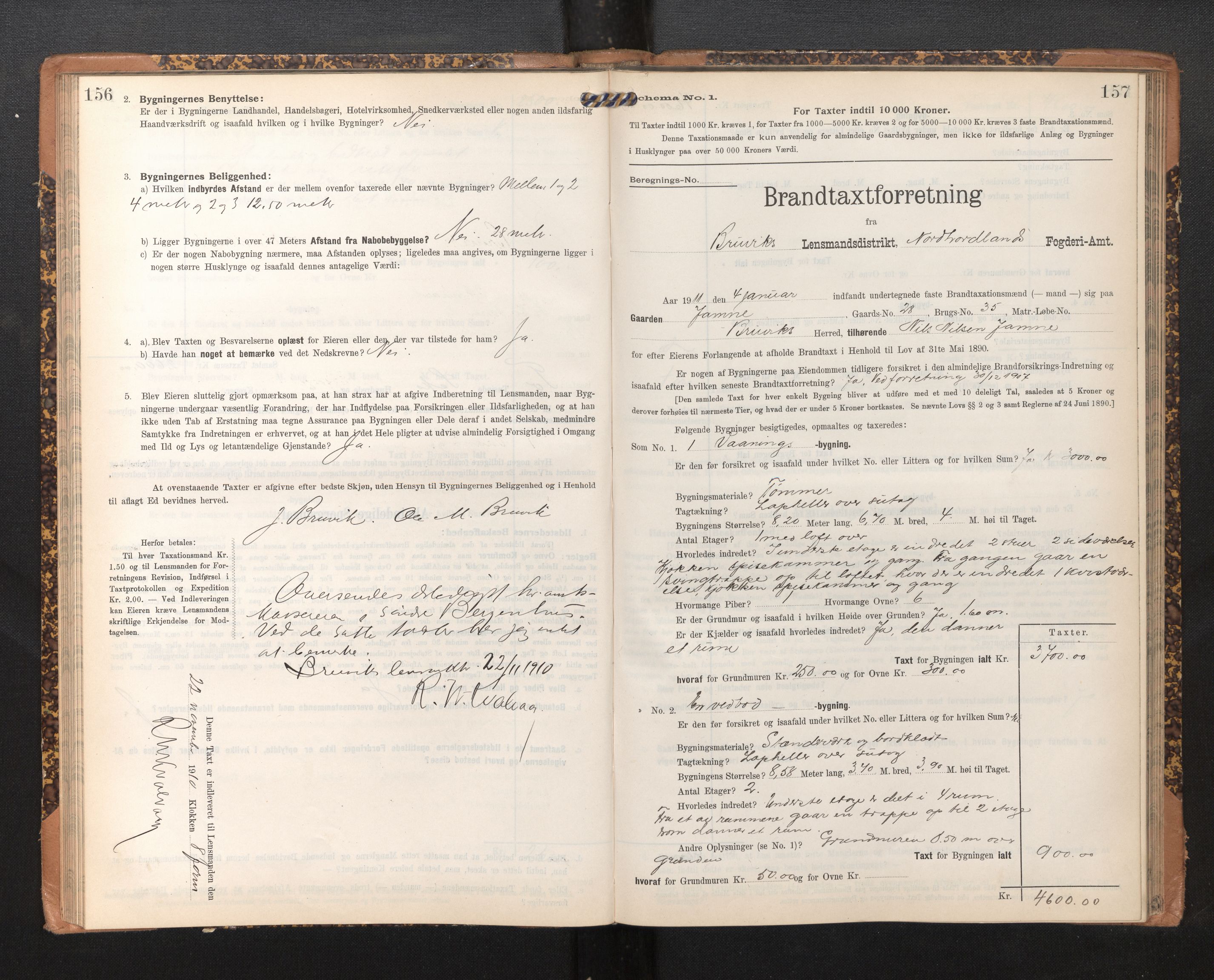 Lensmannen i Bruvik, SAB/A-31301/0012/L0007: Branntakstprotokoll, skjematakst, 1906-1918, p. 156-157