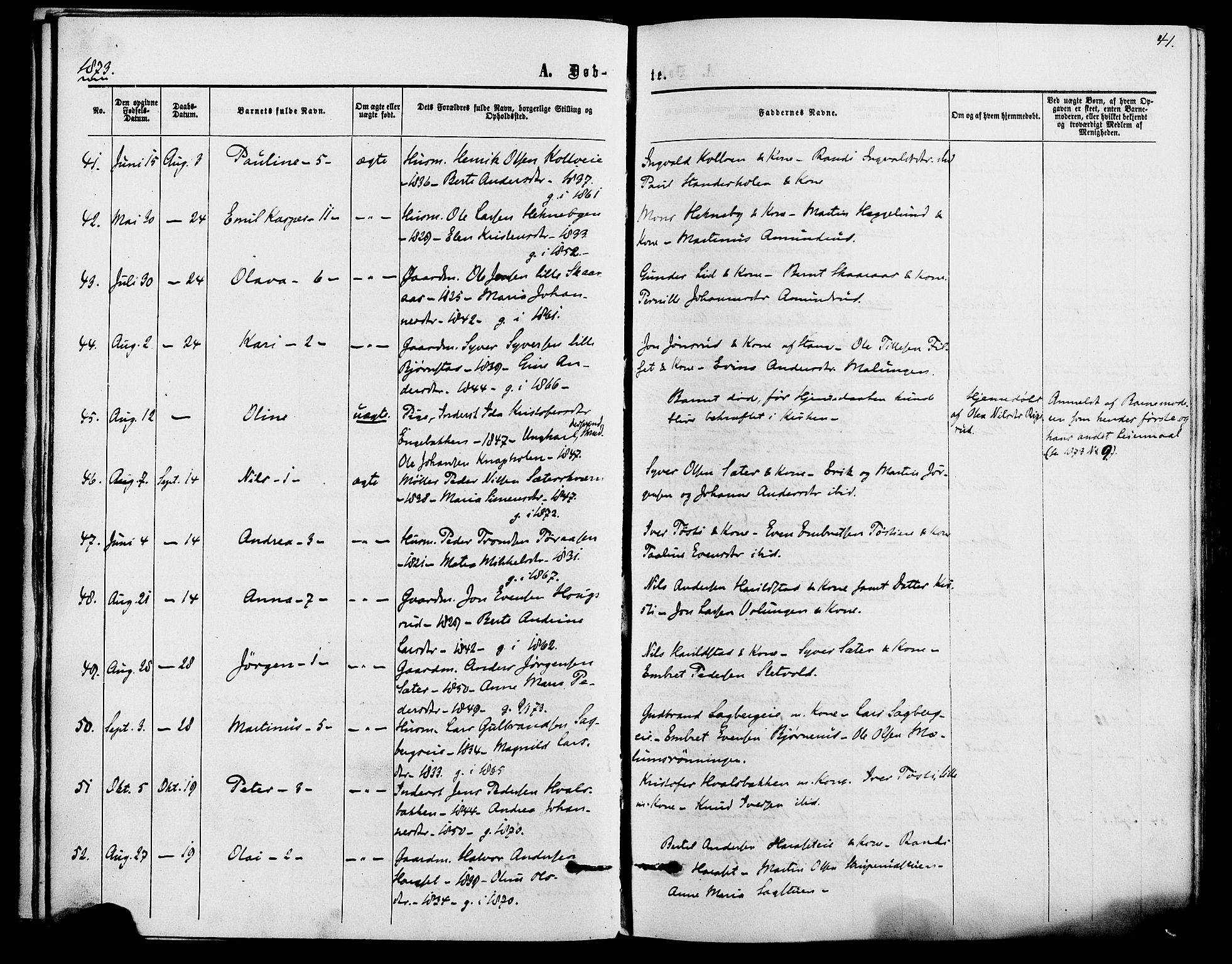 Romedal prestekontor, SAH/PREST-004/K/L0006: Parish register (official) no. 6, 1866-1886, p. 41