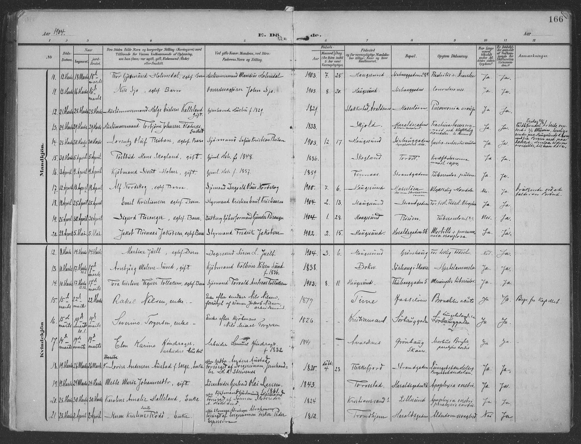 Haugesund sokneprestkontor, AV/SAST-A -101863/H/Ha/Haa/L0007: Parish register (official) no. A 7, 1904-1916, p. 166