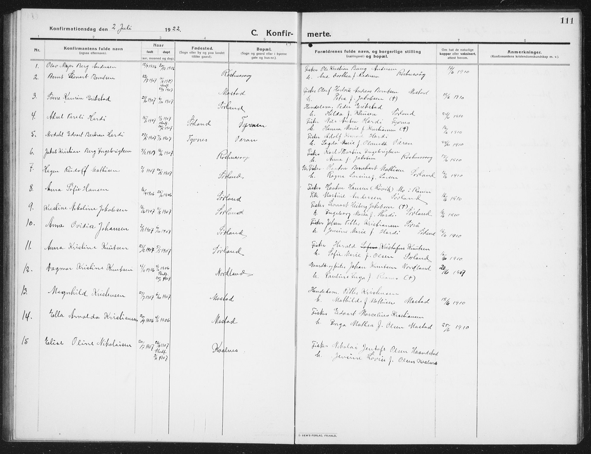 Ministerialprotokoller, klokkerbøker og fødselsregistre - Nordland, AV/SAT-A-1459/807/L0124: Parish register (copy) no. 807C02, 1910-1935, p. 111