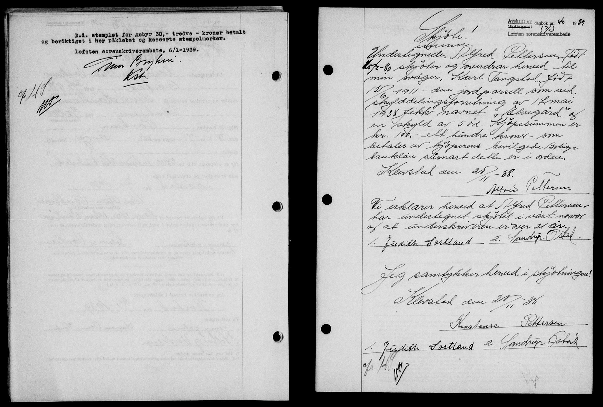 Lofoten sorenskriveri, SAT/A-0017/1/2/2C/L0005a: Mortgage book no. 5a, 1939-1939, Diary no: : 40/1939