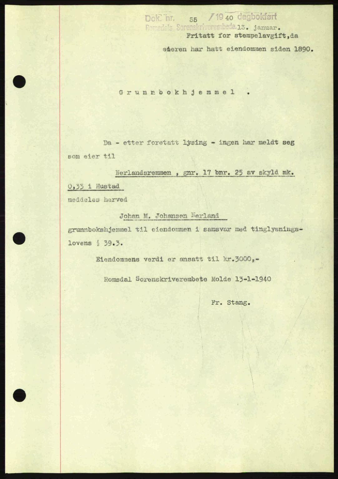 Romsdal sorenskriveri, AV/SAT-A-4149/1/2/2C: Mortgage book no. A8, 1939-1940, Diary no: : 55/1940