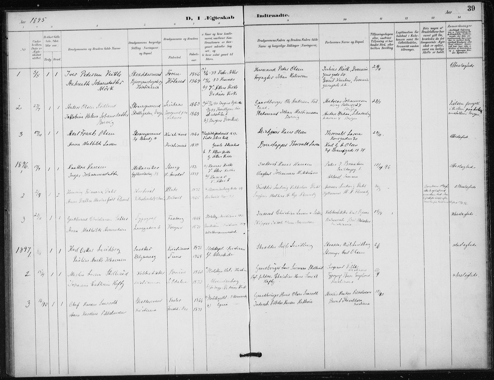 Døves menighet Oslo prestekontor kirkebøker, AV/SAO-A-11064/F/L0001: Parish register (official) no. 1, 1895-1919, p. 39