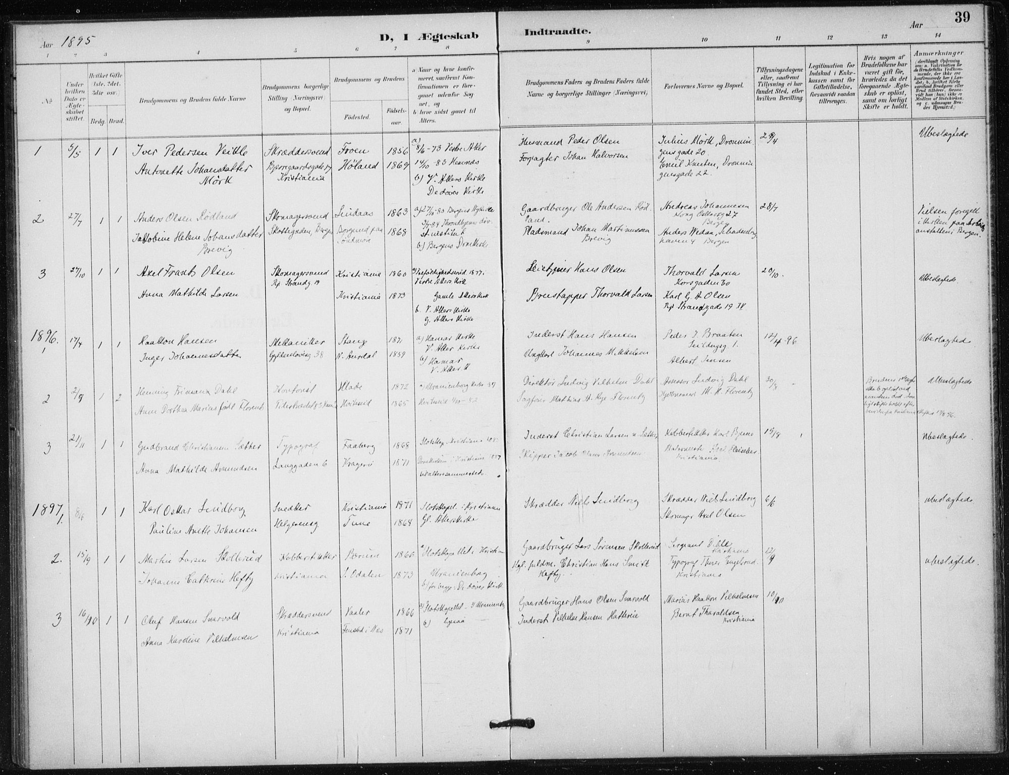 Døves menighet Oslo prestekontor kirkebøker, AV/SAO-A-11064/F/L0001: Parish register (official) no. 1, 1895-1919, p. 39