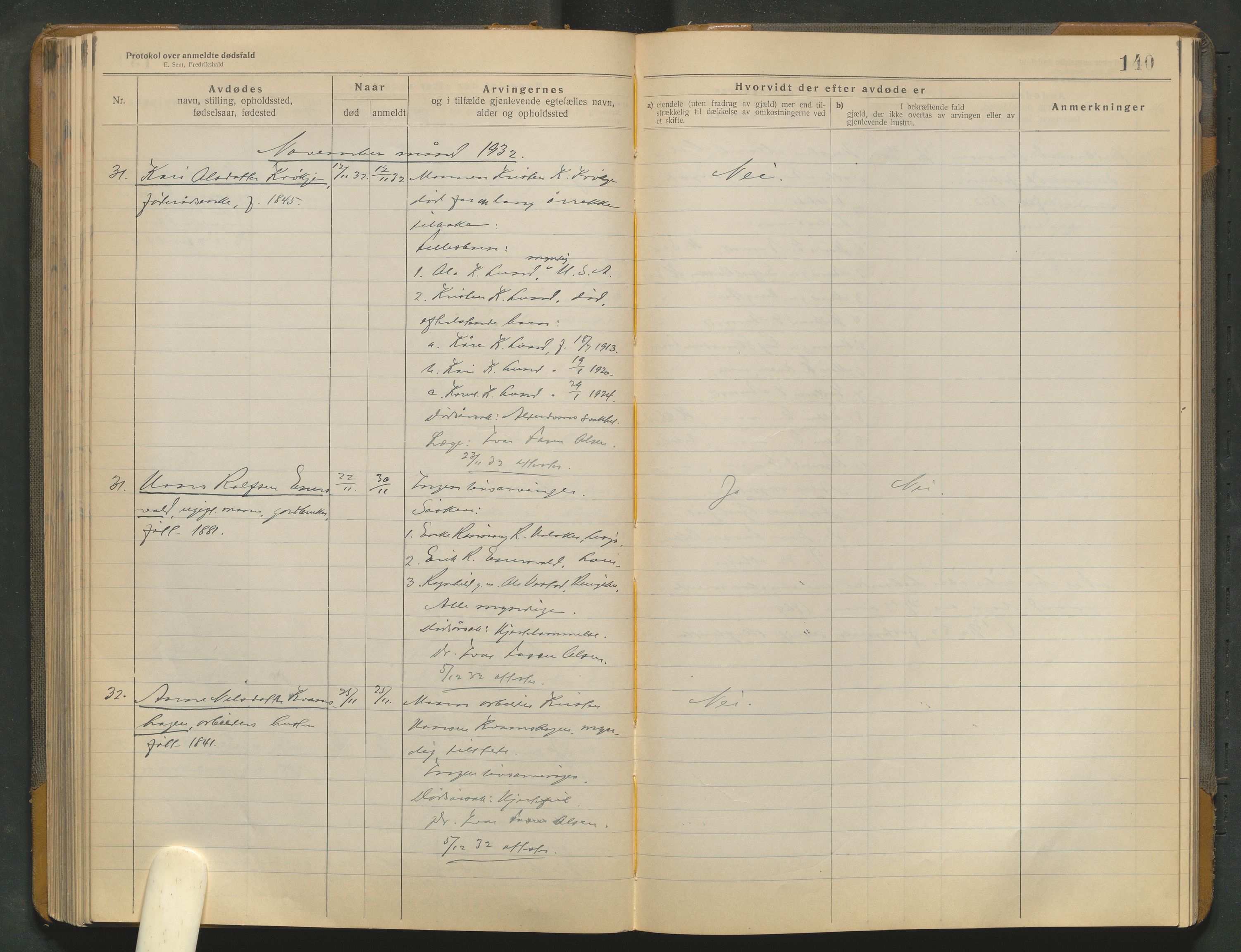 Lom lensmannskontor, AV/SAH-PGL-006/H/Ha/Haa/L0001/0004: Dødsfallsprotokoller / Dødsfallsprotokoll, 1922-1937, p. 140