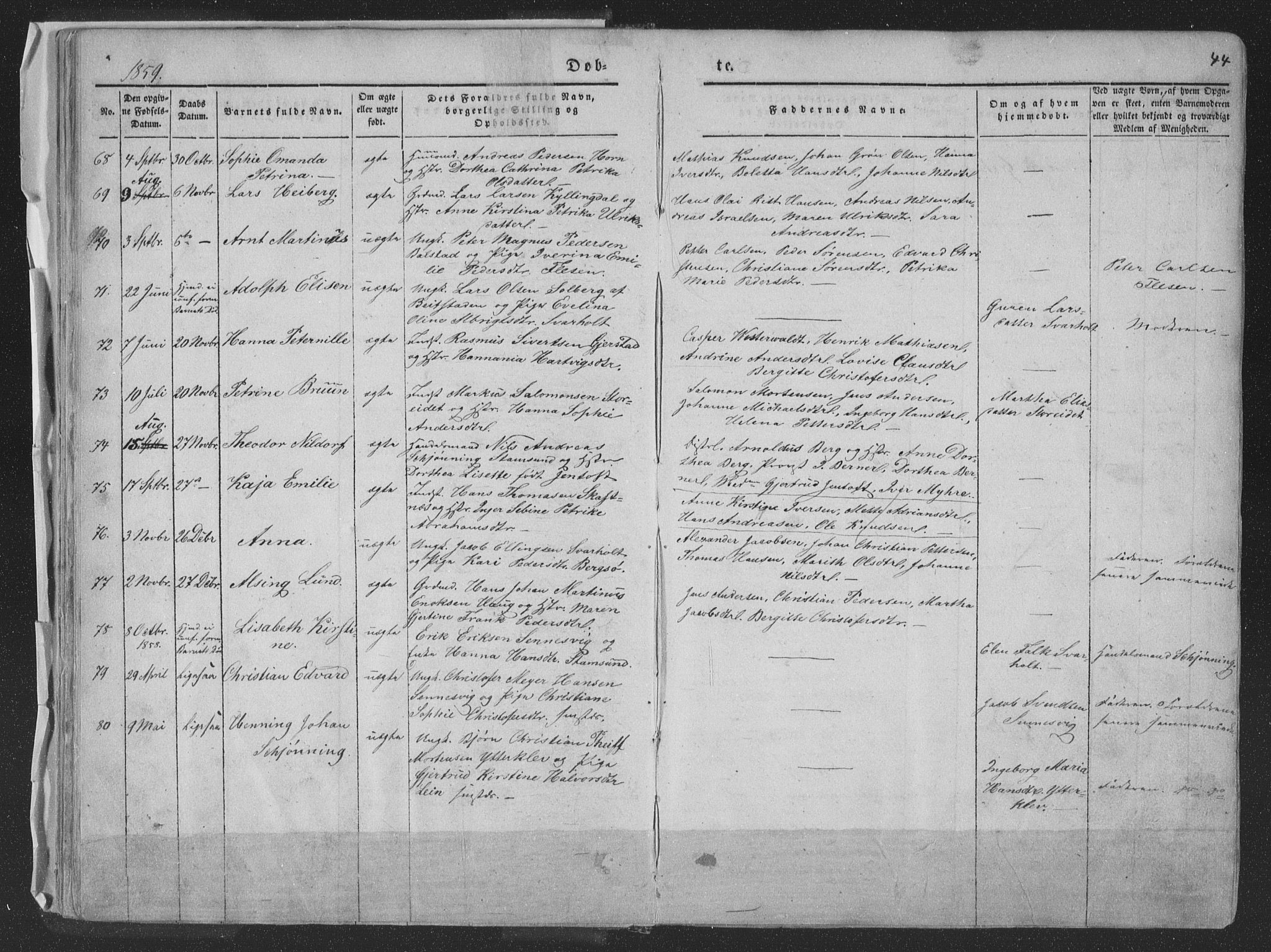 Ministerialprotokoller, klokkerbøker og fødselsregistre - Nordland, AV/SAT-A-1459/881/L1165: Parish register (copy) no. 881C02, 1854-1876, p. 44