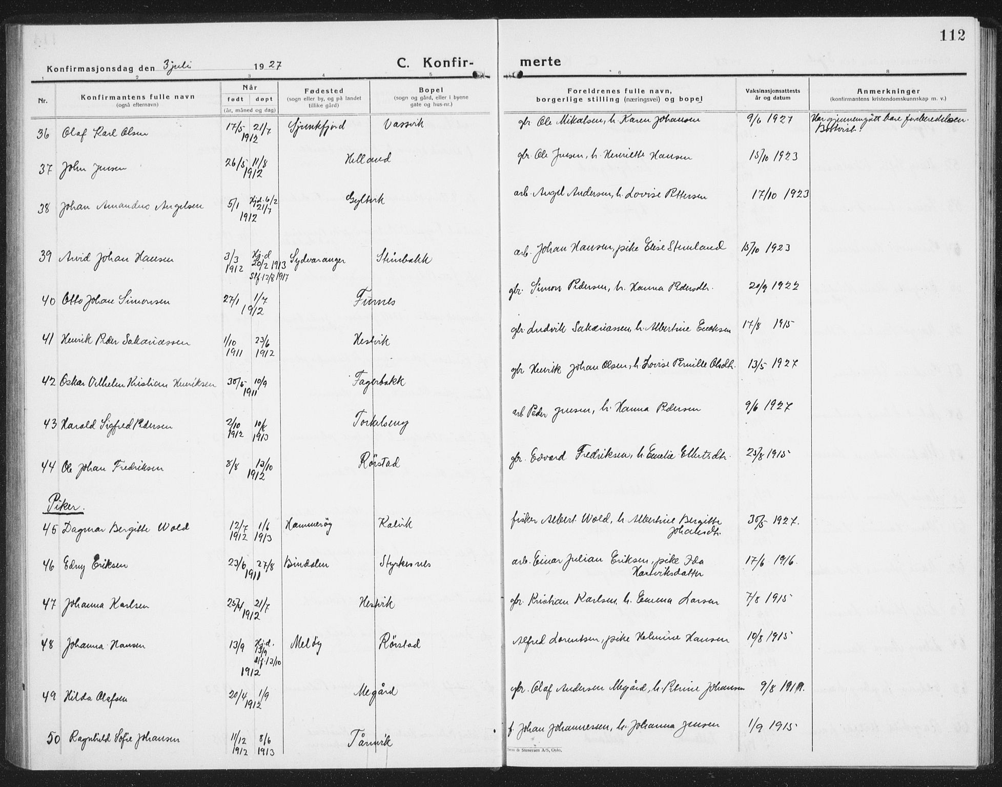 Ministerialprotokoller, klokkerbøker og fødselsregistre - Nordland, AV/SAT-A-1459/854/L0788: Parish register (copy) no. 854C04, 1926-1940, p. 112