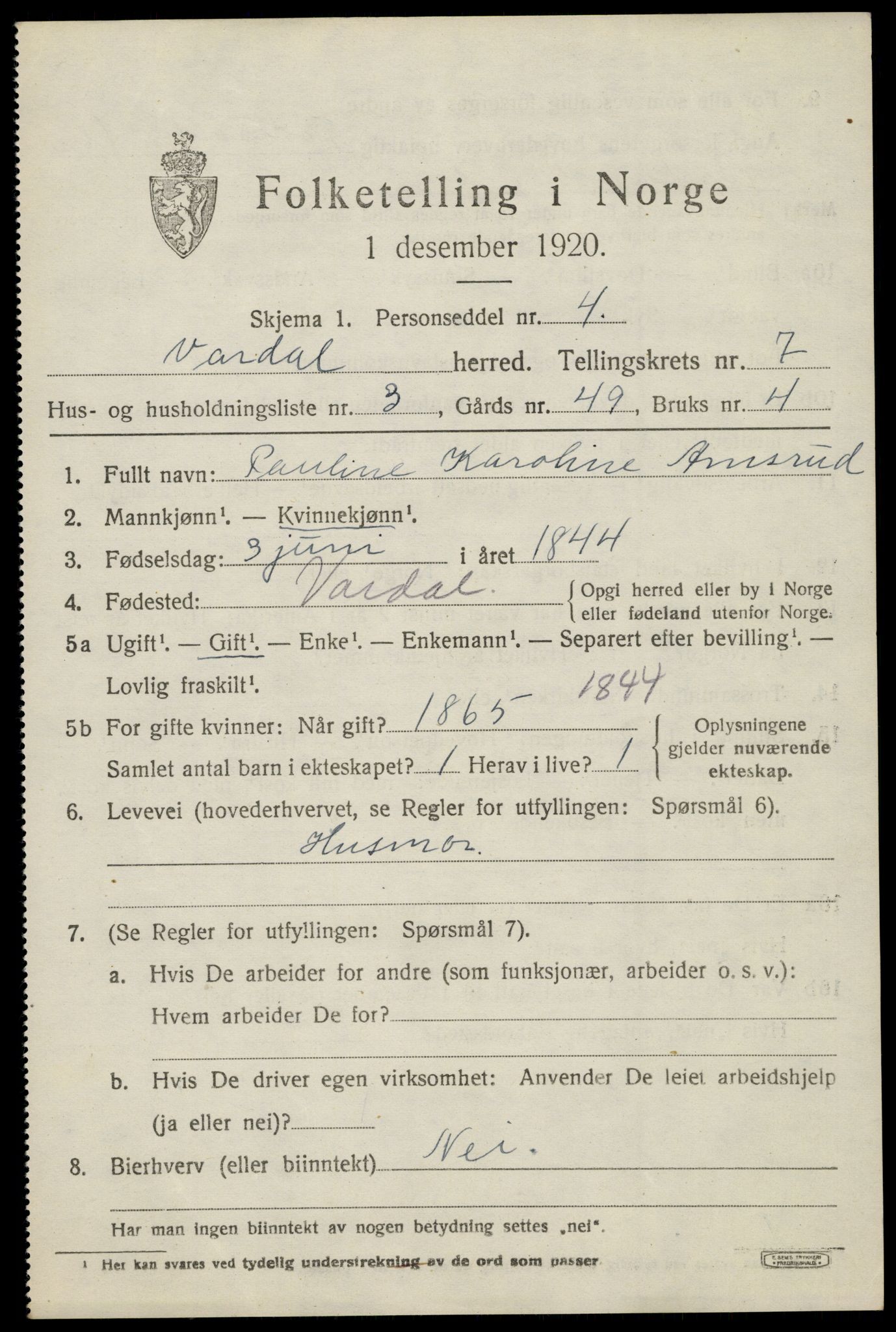 SAH, 1920 census for Vardal, 1920, p. 4877