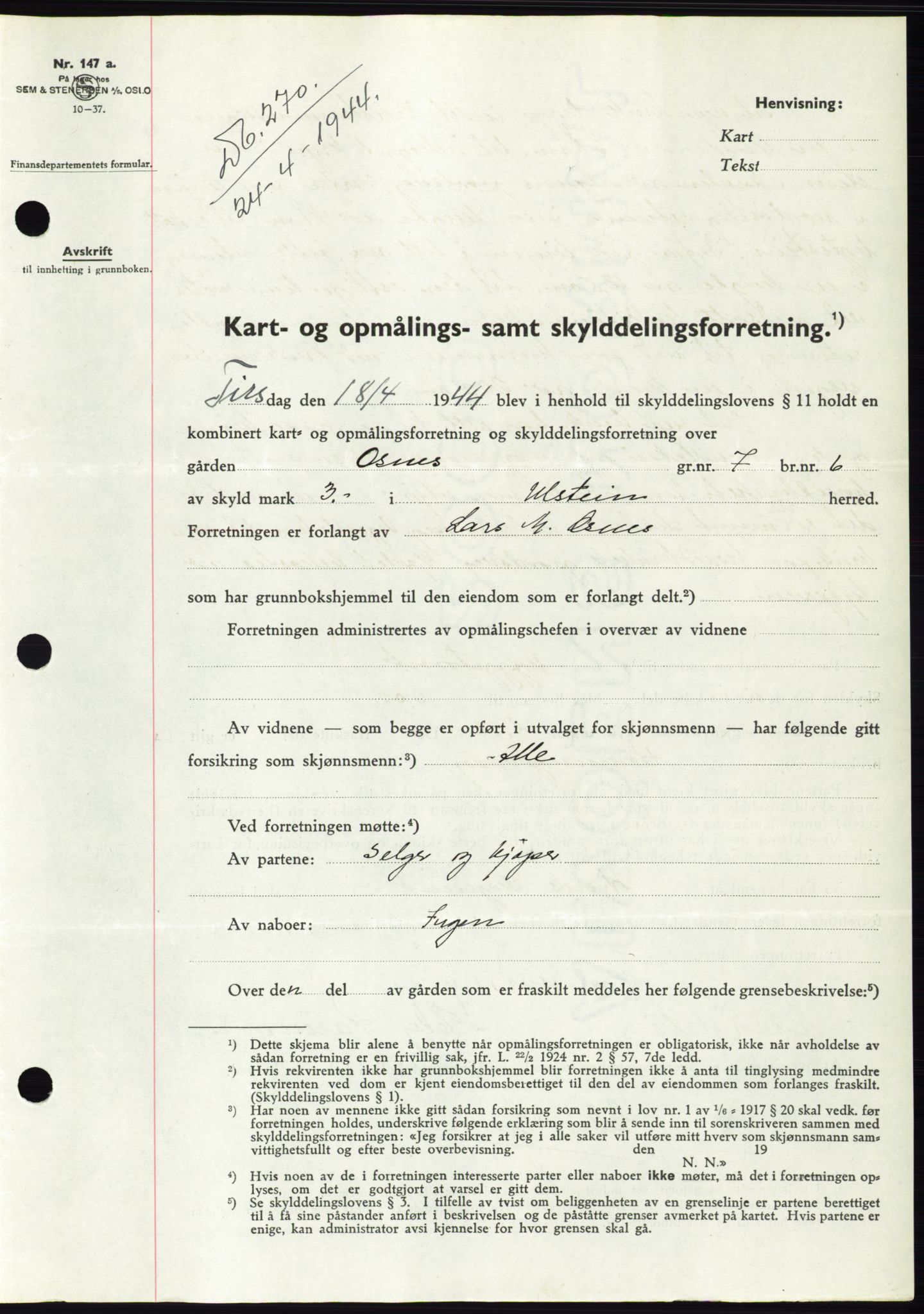 Søre Sunnmøre sorenskriveri, AV/SAT-A-4122/1/2/2C/L0076: Mortgage book no. 2A, 1943-1944, Diary no: : 270/1944