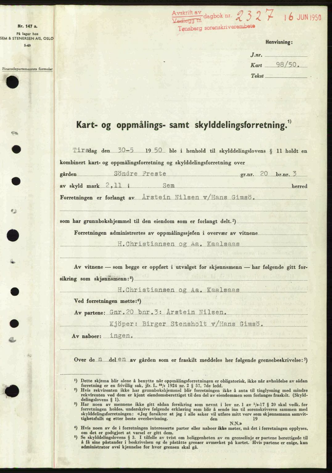 Jarlsberg sorenskriveri, AV/SAKO-A-131/G/Ga/Gaa/L0032: Mortgage book no. A-32, 1950-1950, Diary no: : 2327/1950