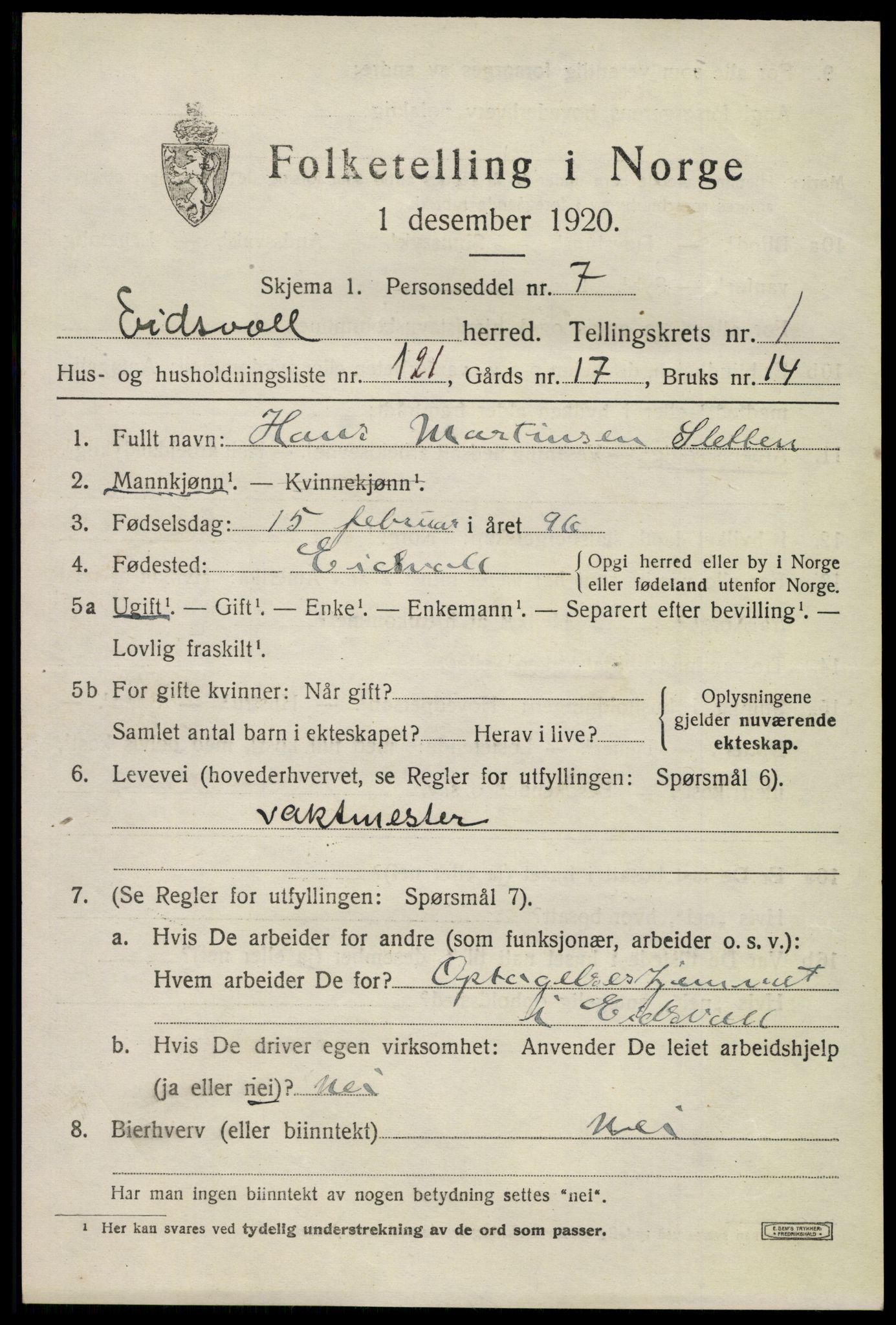 SAO, 1920 census for Eidsvoll, 1920, p. 5093